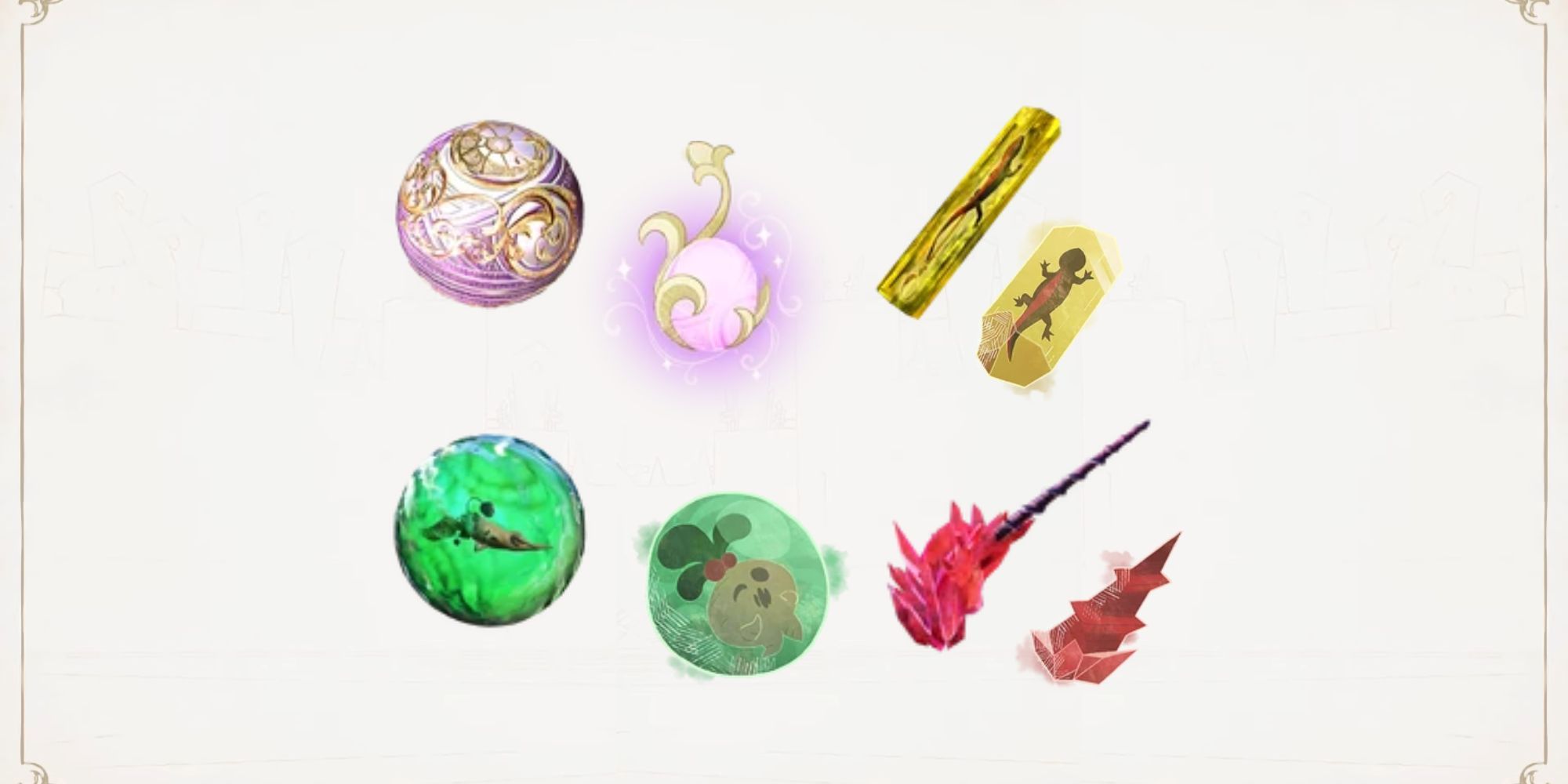 Items from Bayonetta and Bayonetta Origins featuring Moon Pearls, Mandragora Roots, Baked Geckos, and Unicorn Horns