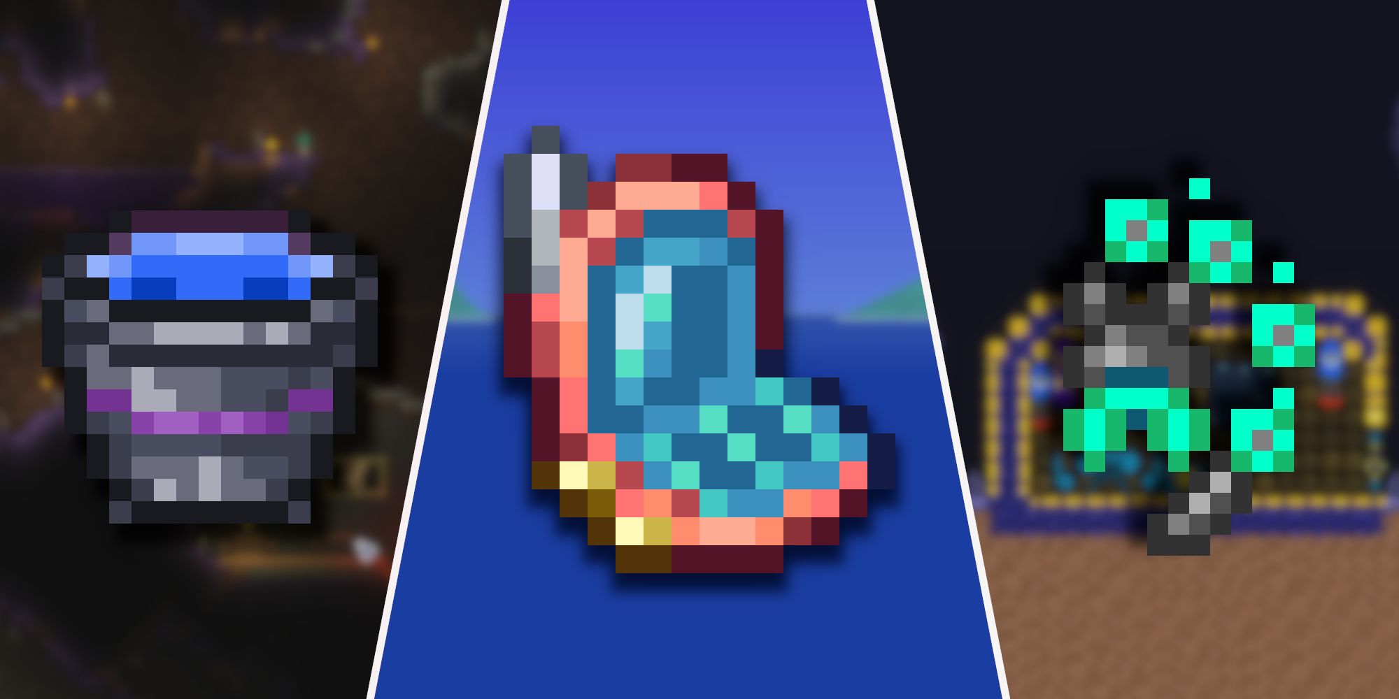 Terraria Best Tools Featured: Bottomless Bucket, Shellphone, and Anti-Gravity Hook In Front Of Blurred Backgrounds