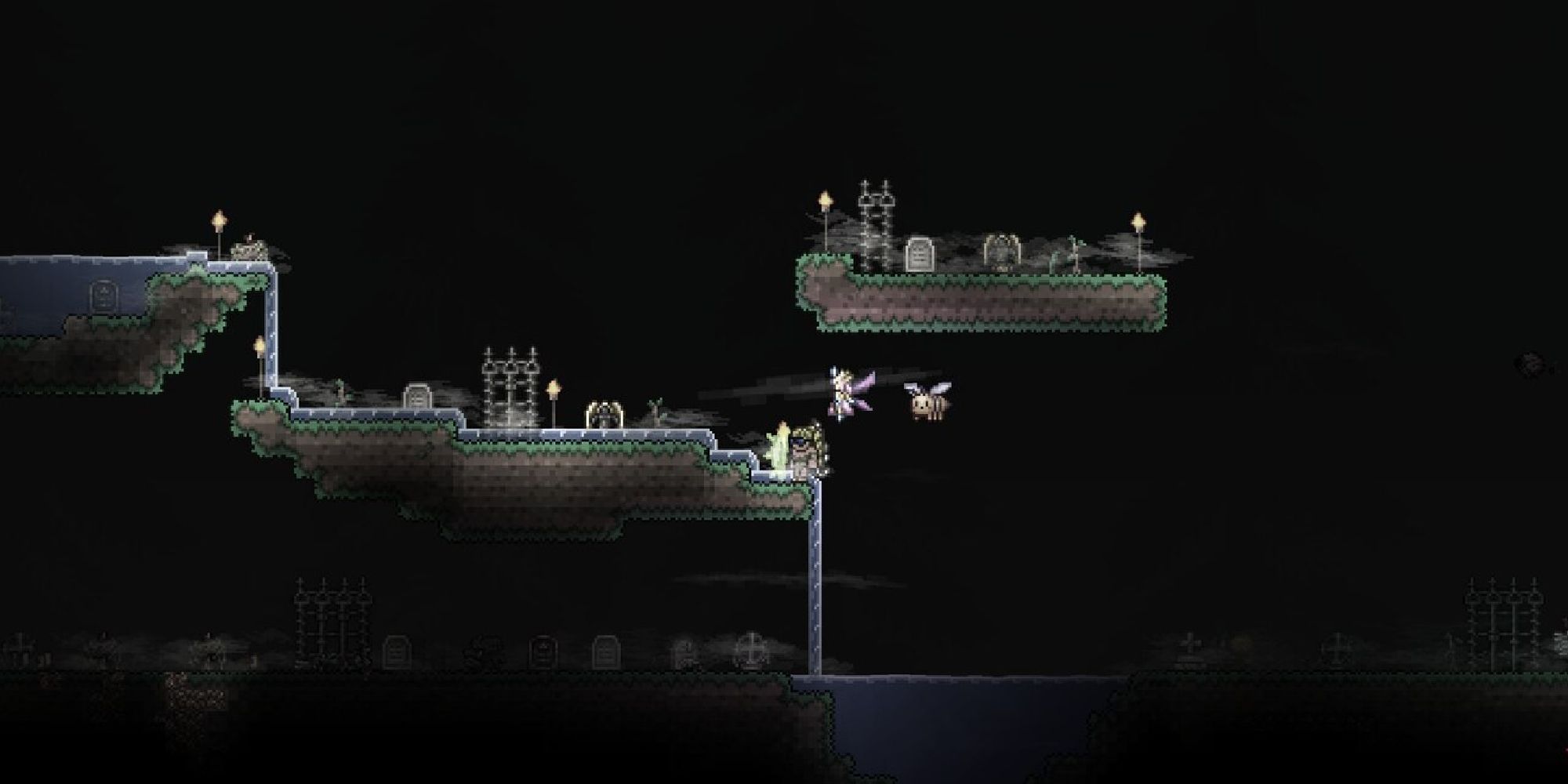 terraria graveyard with graves and floating platform