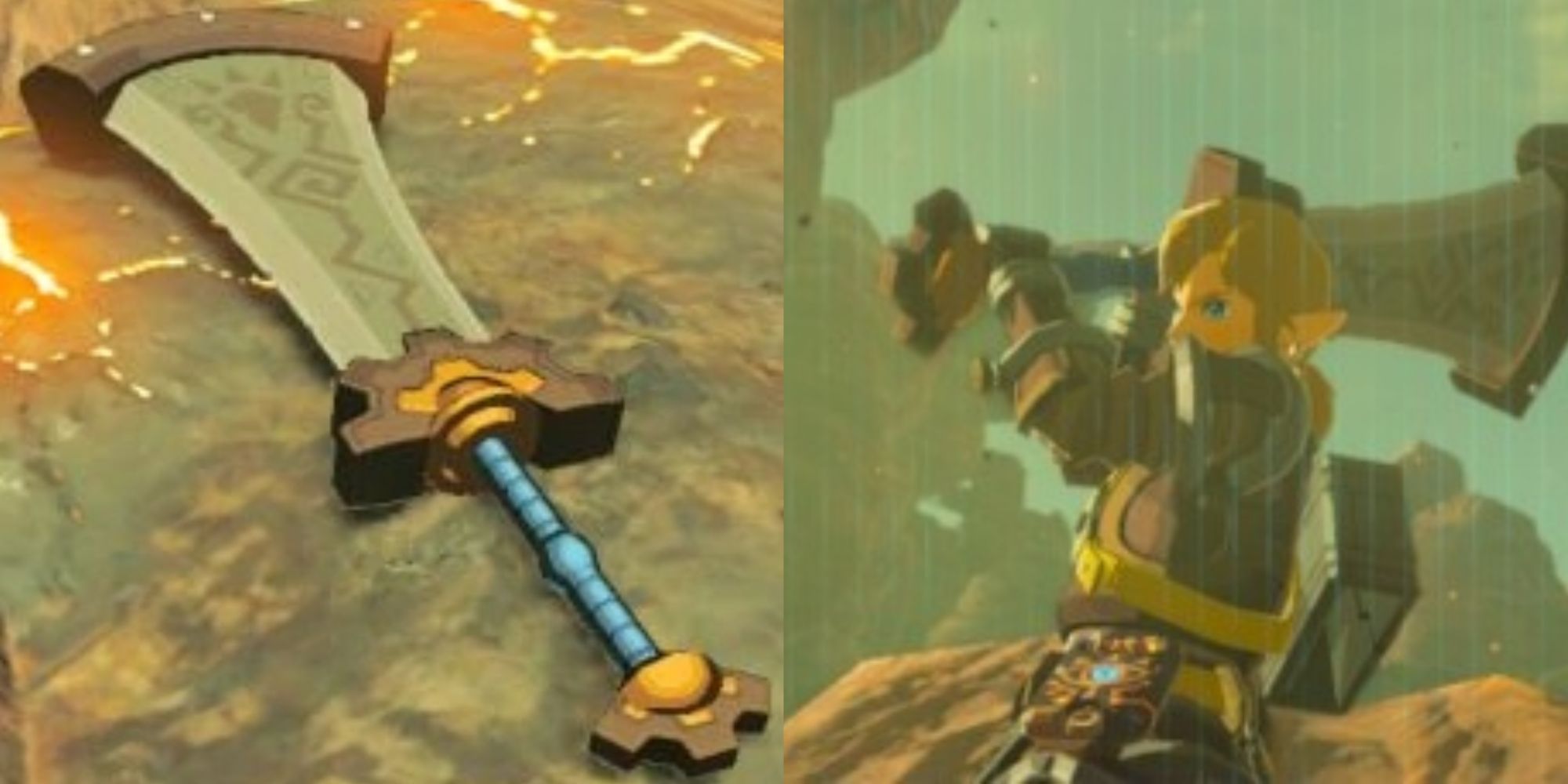 Split image screenshots of the Boulder Breaker on the ground and Link wielding the Boulder Breaker.