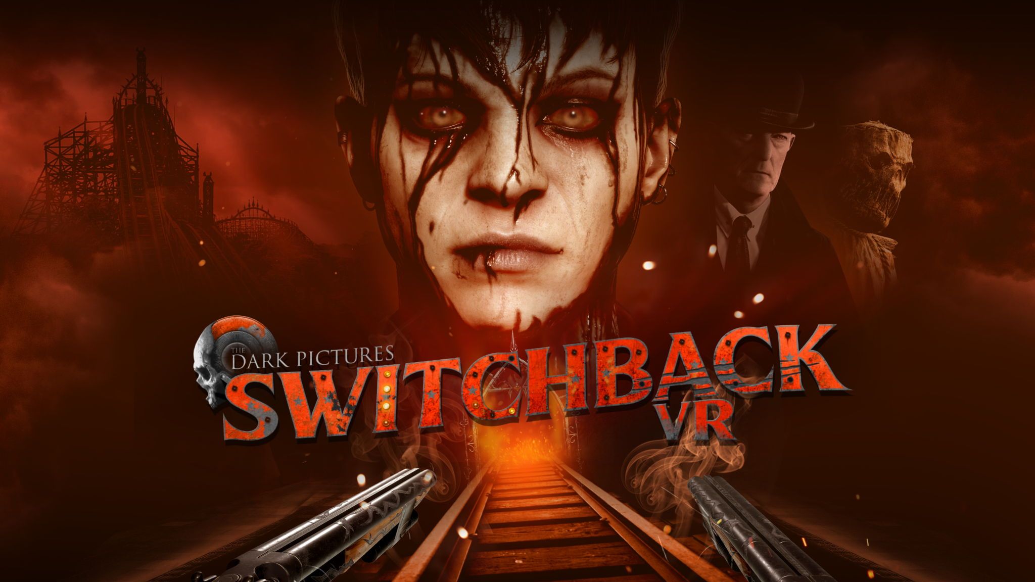 The Dark Pictures Switchback VR key artwork that shows Belial the curator and a masked person.