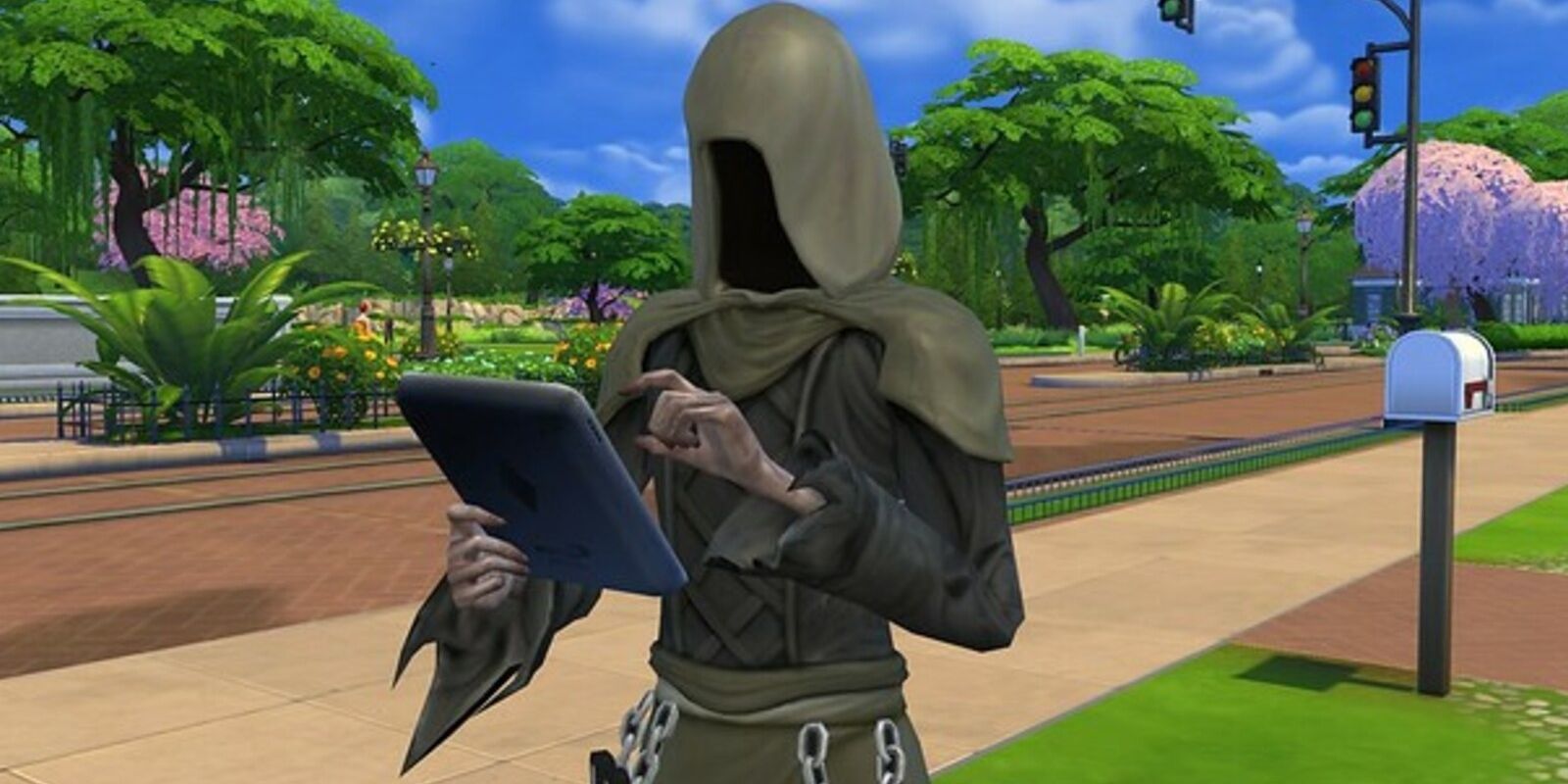 The Grim Reaper using a handheld device outdoors in The Sims 4
