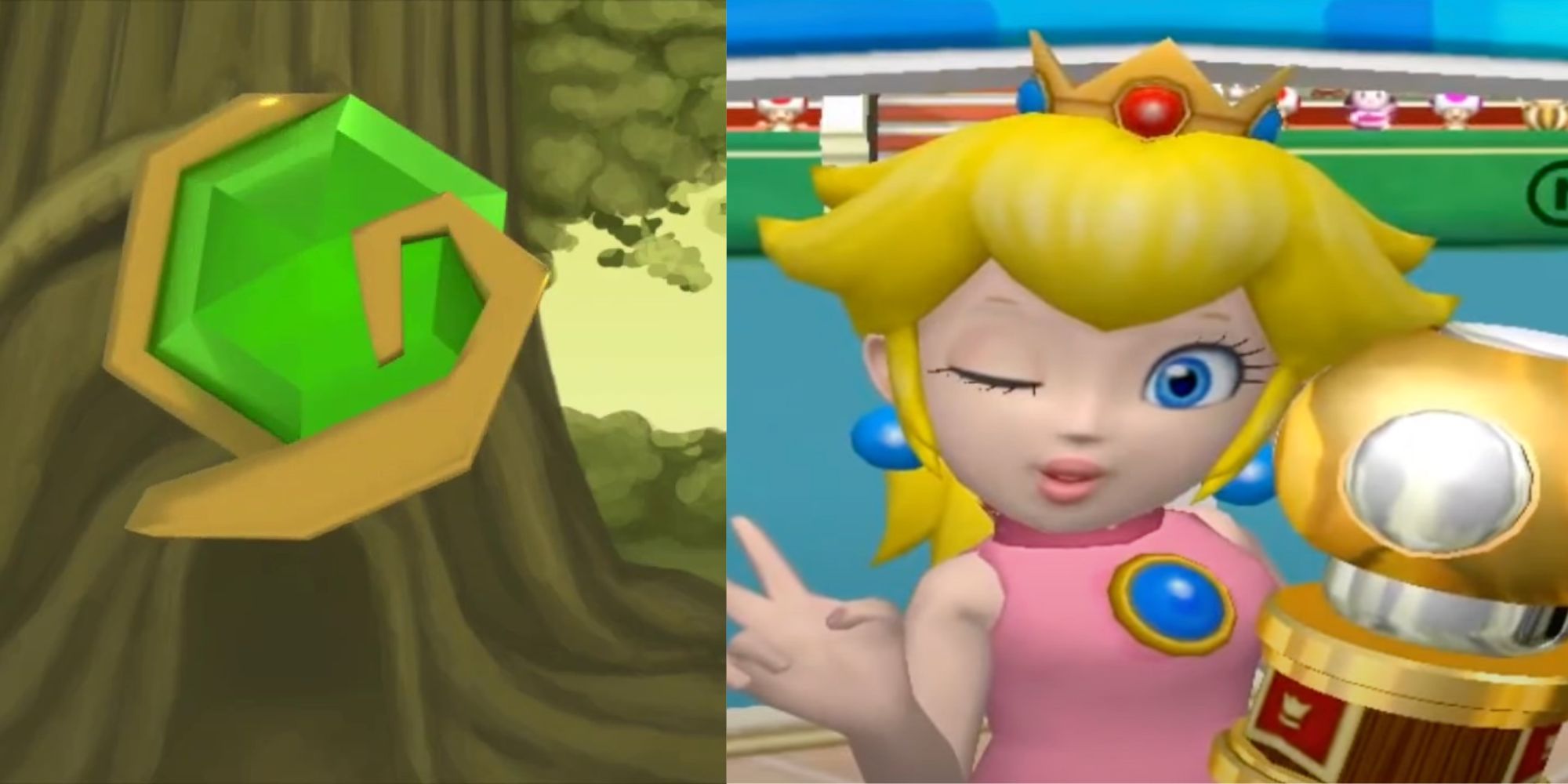 The Kokiri's Emerald From The Legend Of Zelda Ocarina Of Time And Princess Peach Winking From Mario Power Tennis