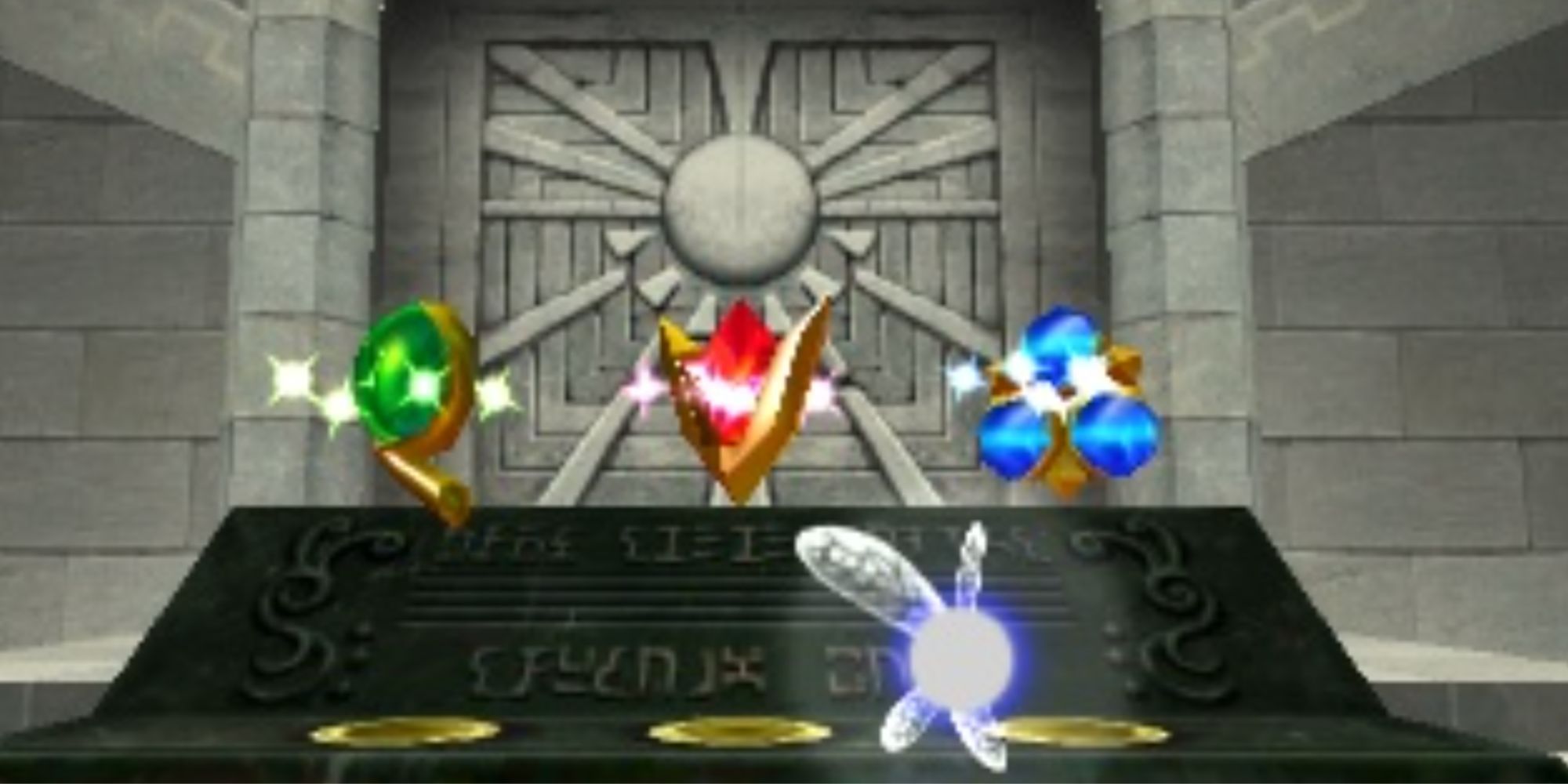 The Kokiri's Emerald, The Goron's Ruby, and The Zora's Sapphire In Front Of The Temple of Time's Door With Navi Flying In Front
