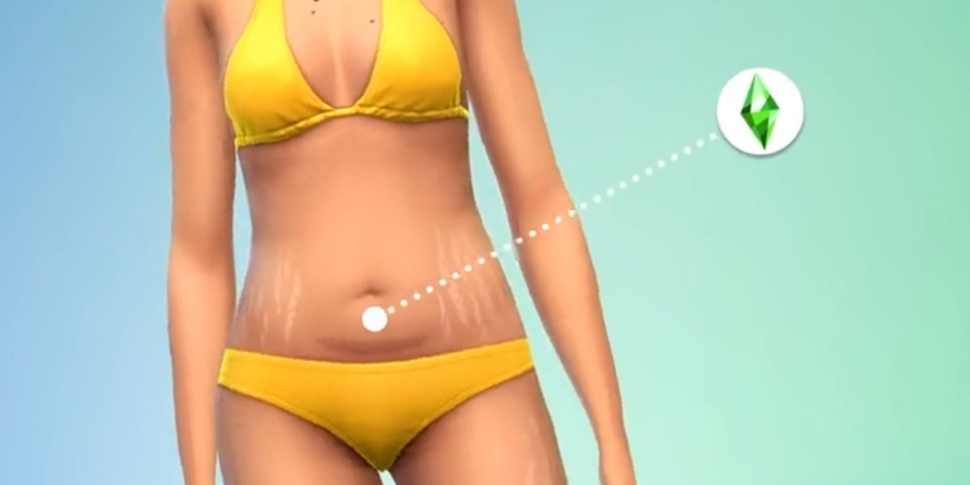The Sims 4 close-up of a woman over a blue background with a line pointing to her caesarean scars