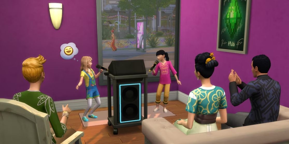 Sims 4: children at karaoke machine.