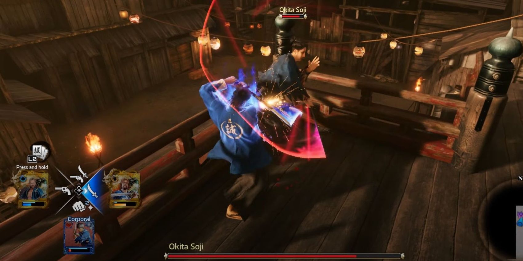 The Soji boss fight showcasing the new HUD in Like A Dragon: Ishin.