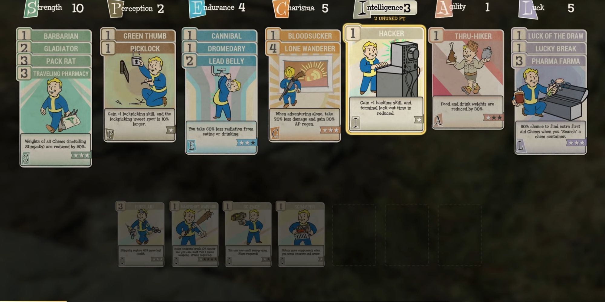 The stats and perks screen in Fallout 76