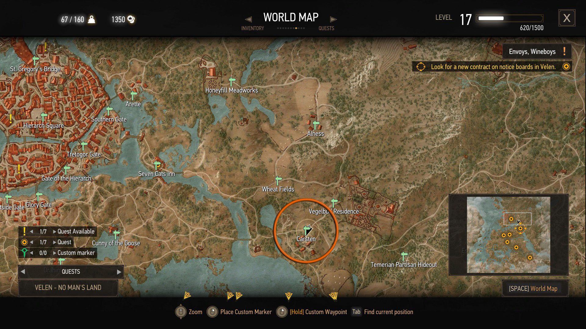 An annotated screenshot of The Witcher 3, showing where a quest can start.