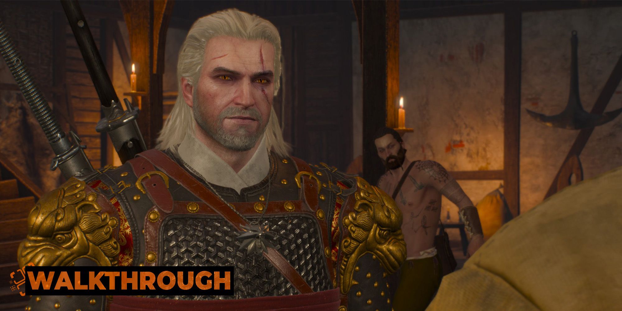 Geralt, wearing ornate red and gold armor, looks angrily at a man wearing yellow in The Witcher 3.