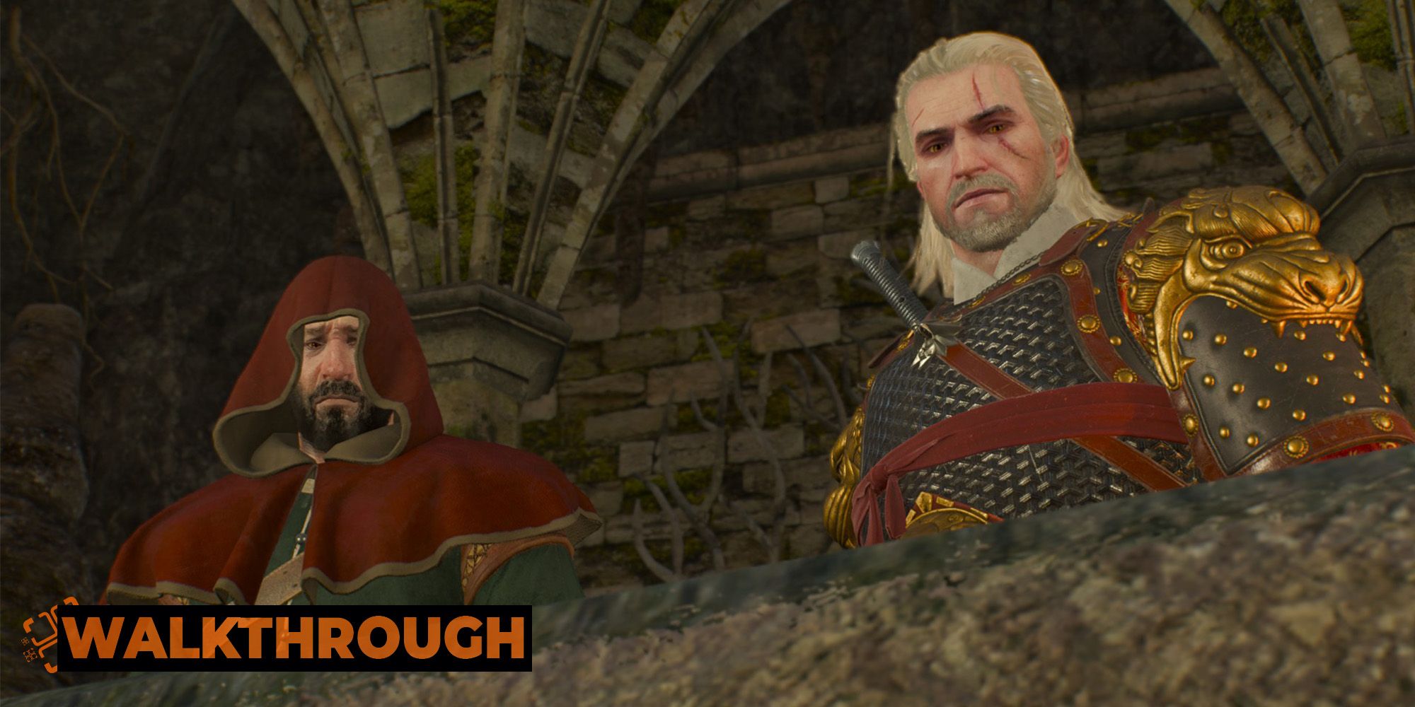 Geralt and a red-hooded professor look down at the camera with well-used expressions in The Witcher 3.