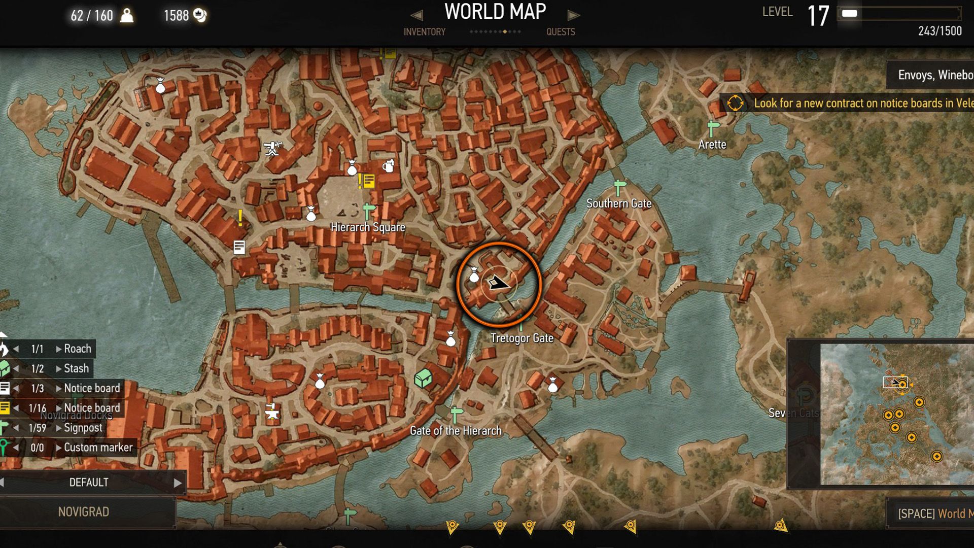 An annotated screenshot of The Witcher 3's map, showing where the player should enter the sewers.