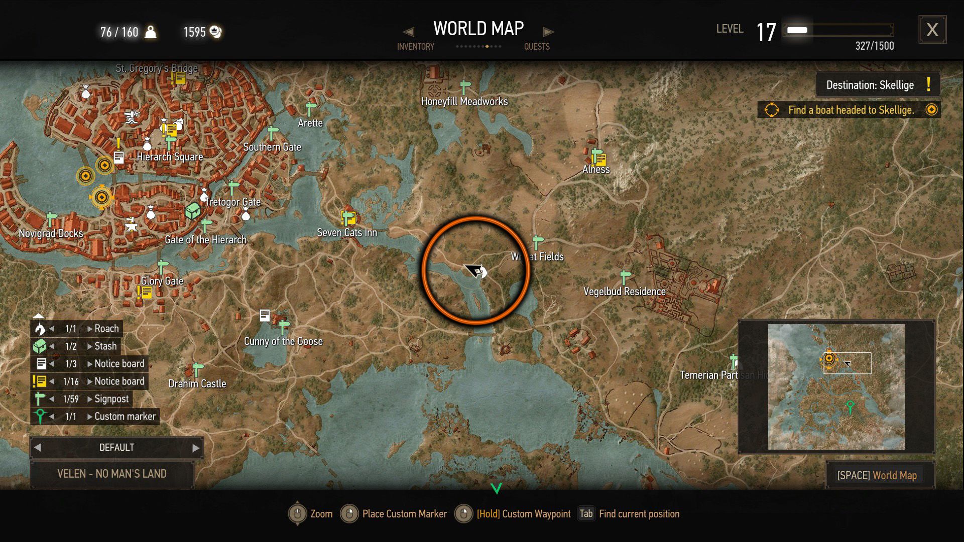 A screenshot of The Witcher 3&rsquo;s map, showing where a quest can start.
