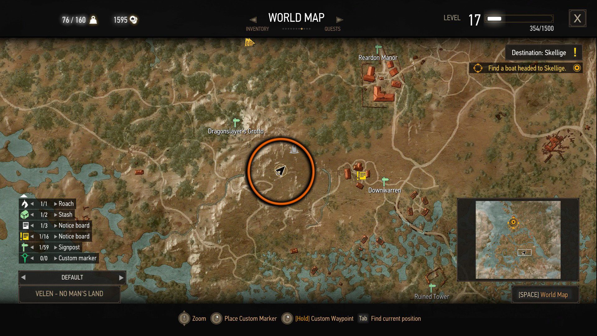 A screenshot of The Witcher 3&rsquo;s map over Downwarren, showing where a quest reward may be found.