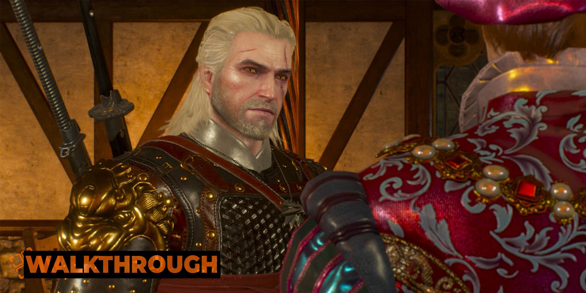 Geralt gives Dandelion a wary look inside a medieval building in The Witcher 3