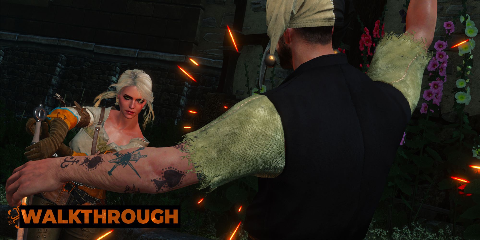 Ciri expertly parries a sword strike from a thug, sending sparks flying.