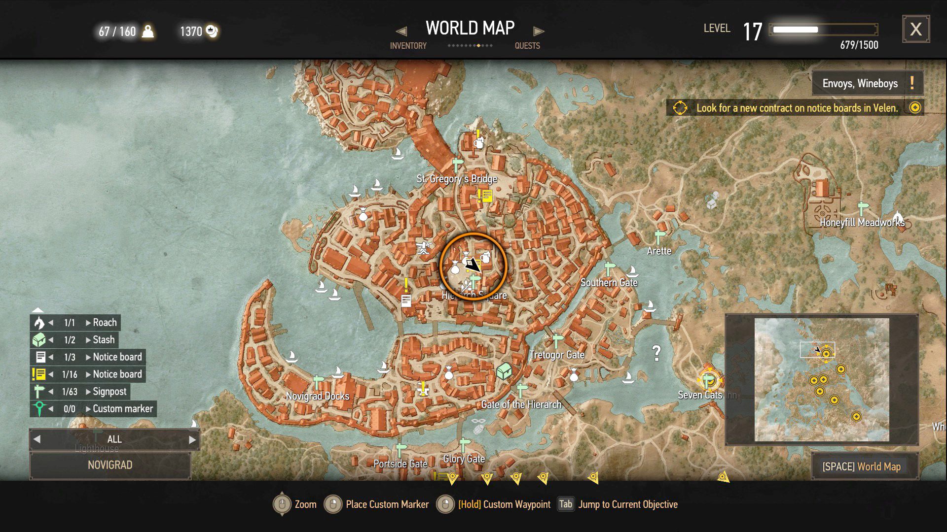 An annotated screenshot from The Witcher 3, with an orange circle over the Hierarch Square contract board.