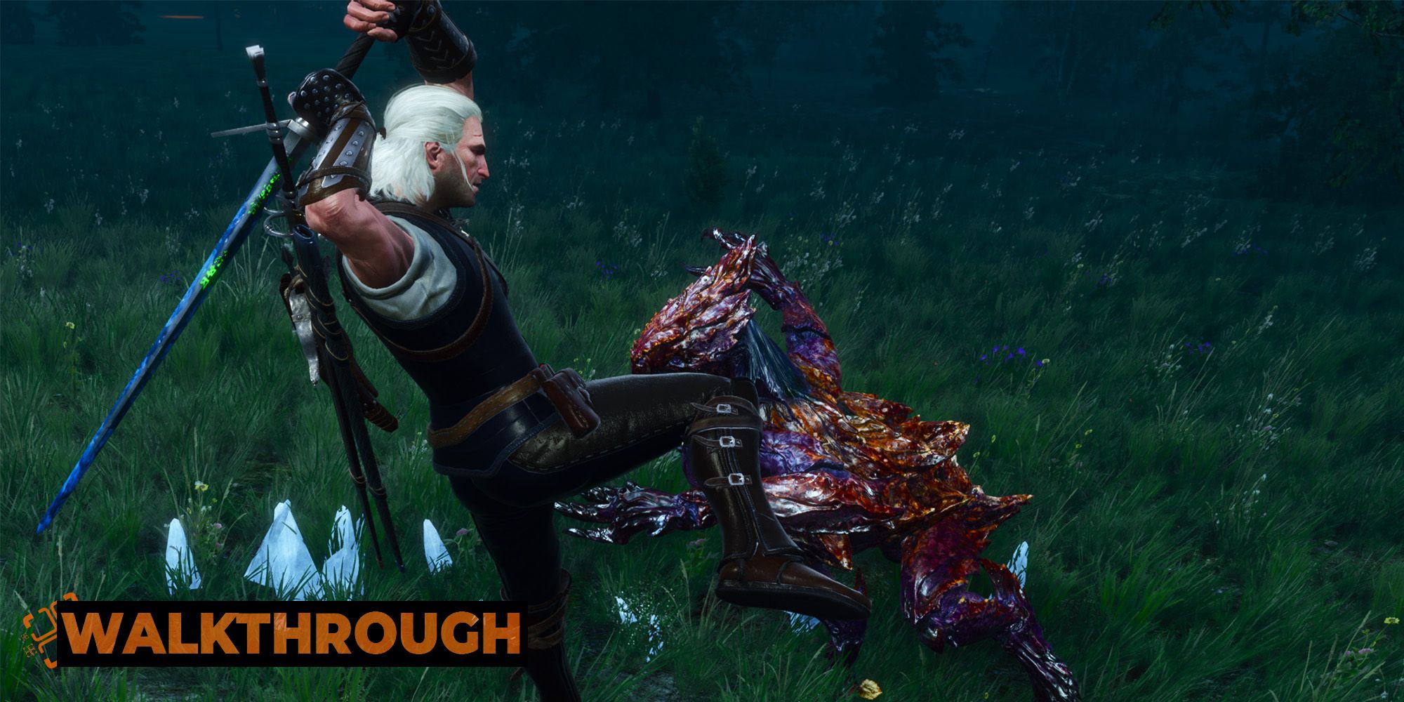 Geralt leaps into the air to strike a monster at night with his sword glowing with runes.