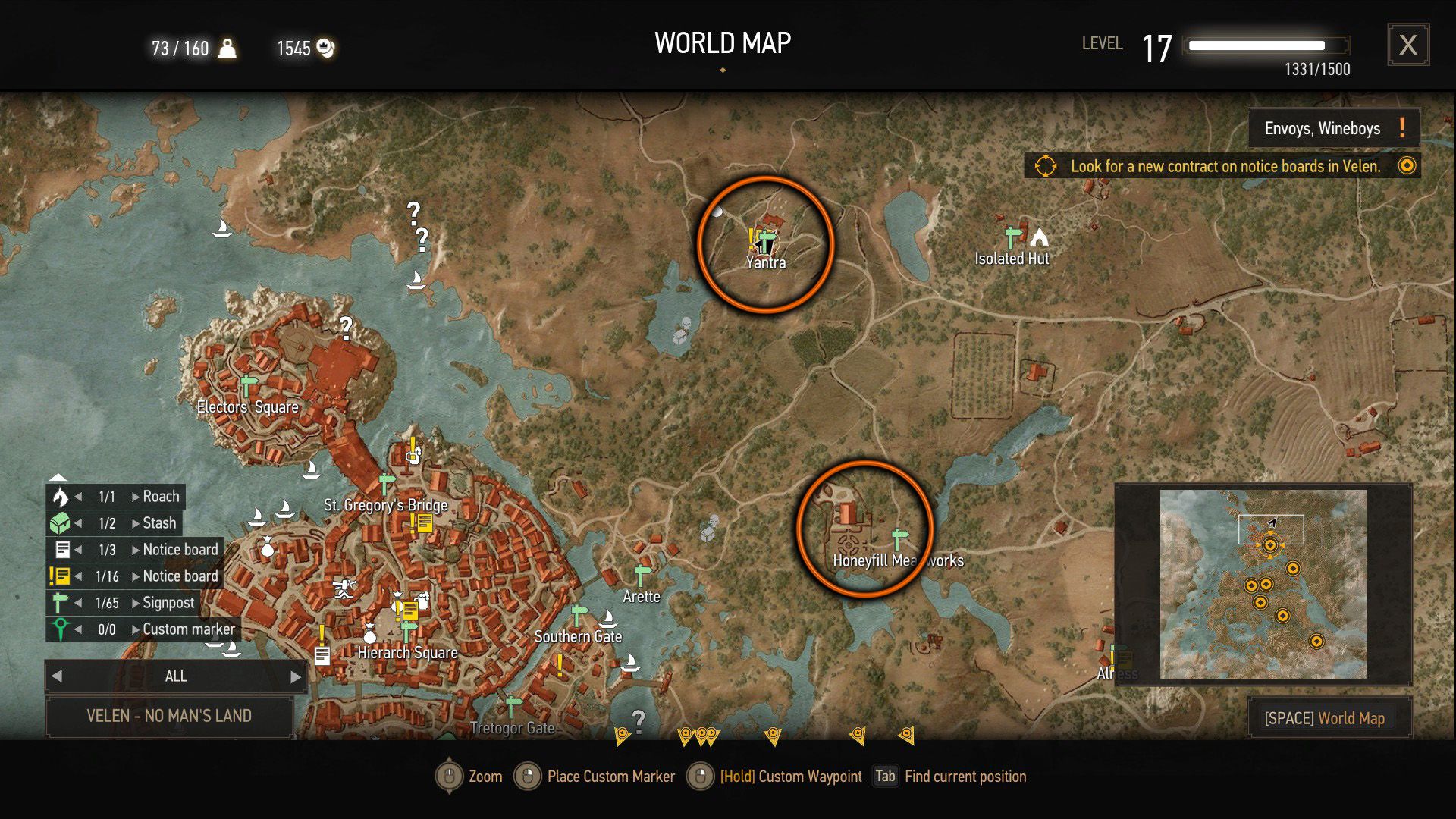 A screenshot of The Witcher 3's map showing where the quest might start.