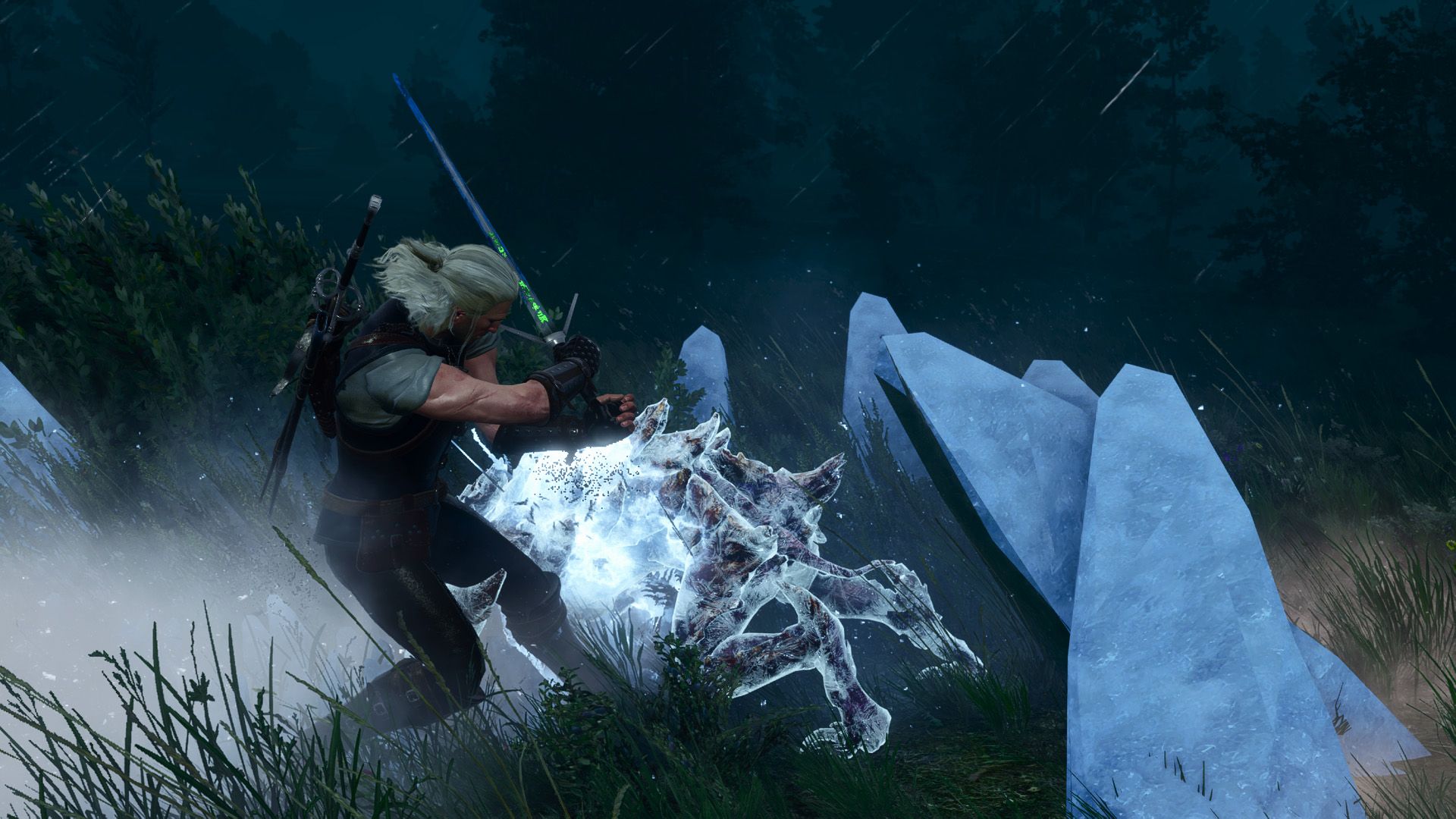 A screenshot of Geralt fending off an icy attack from a monster in a field at night.