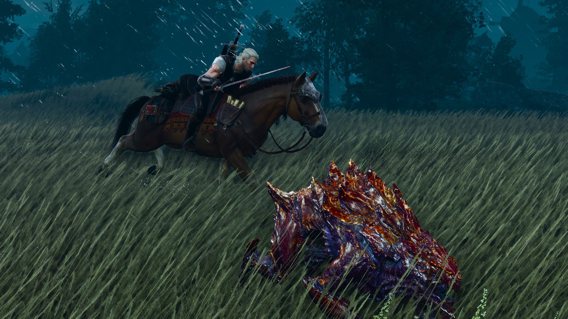 Geralt chases a monster on horseback, following it through a field at night.