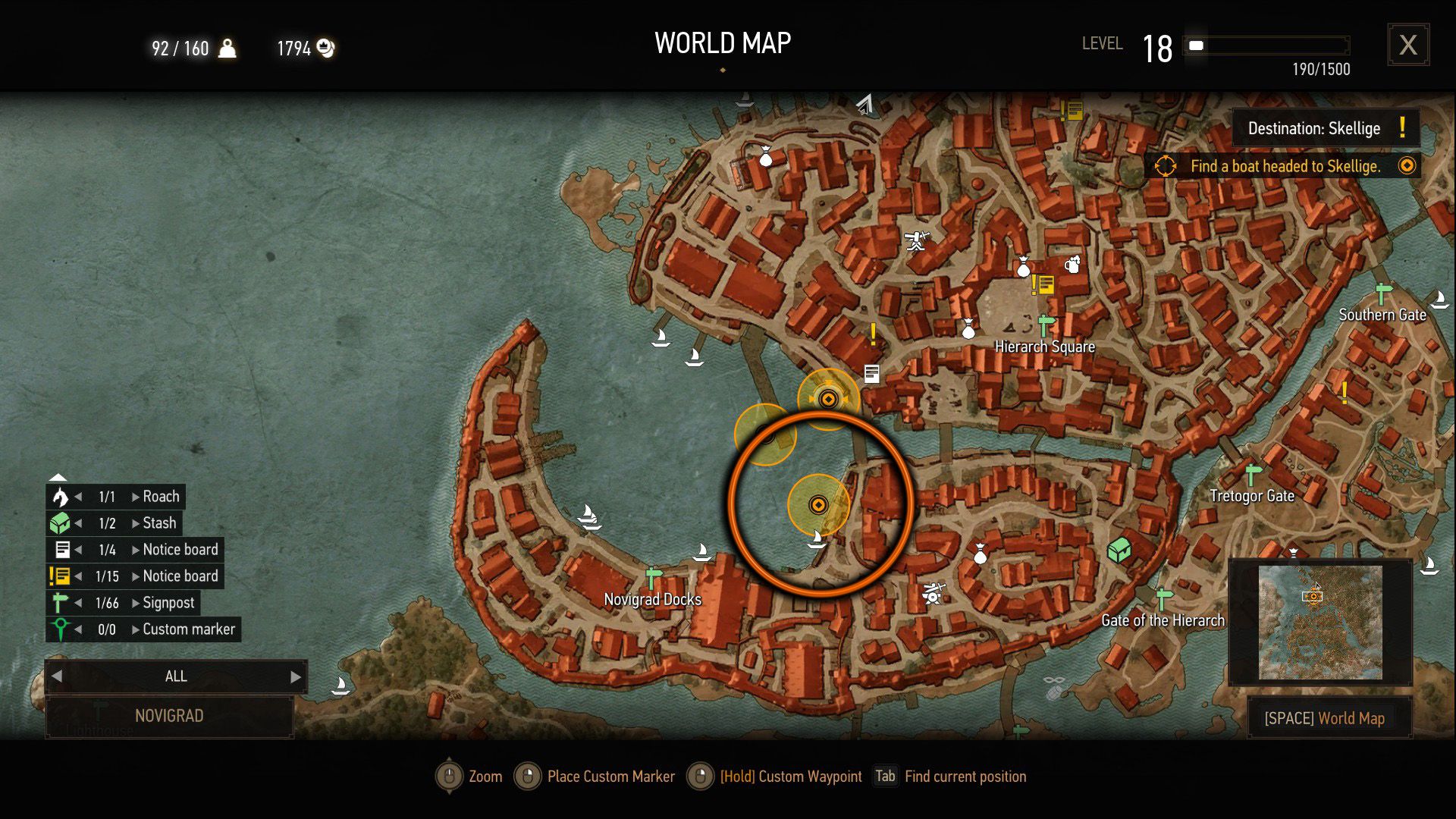 An annotated screenshot of The Witcher 3's map, with a circle over a quest marker.