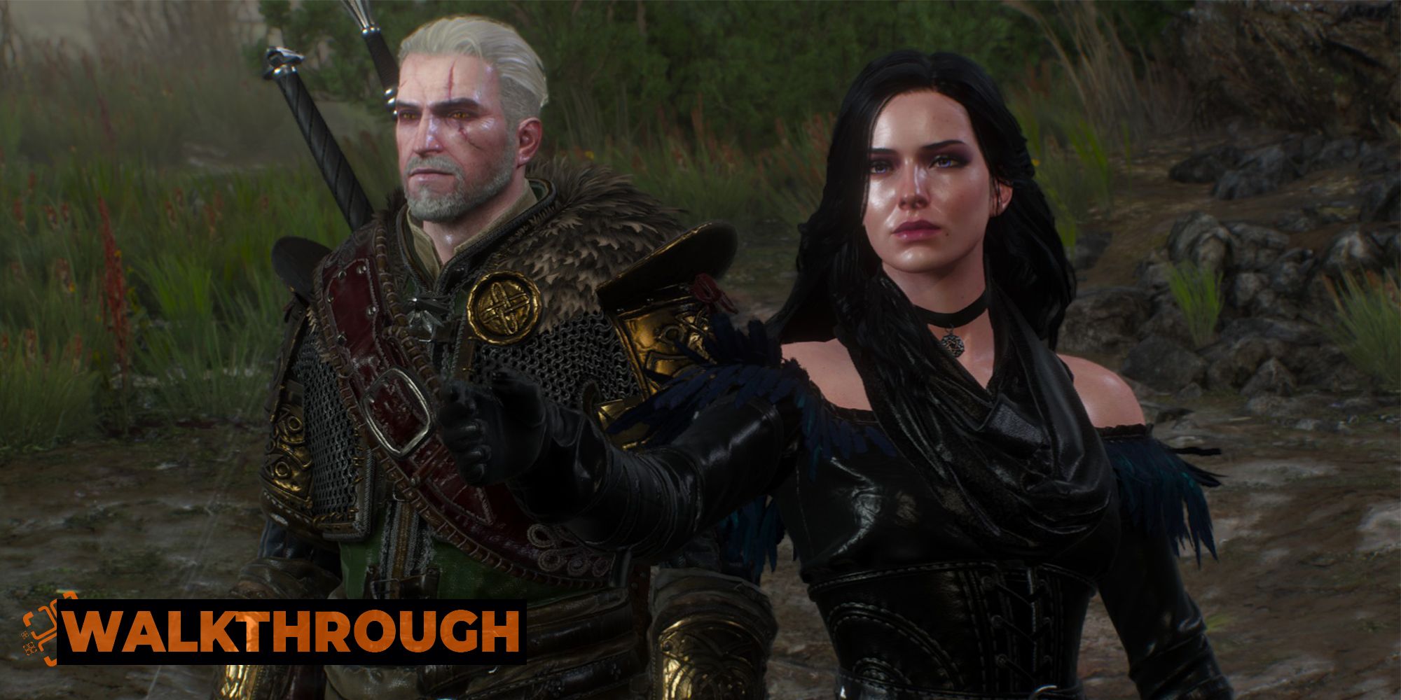 Geralt and Yennefer stand side by side, wet from a recent storm, as the sorceress outstretches her arm.