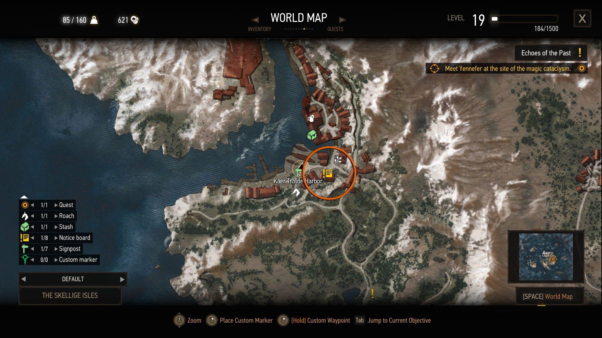 A screenshot of The Witcher 3&rsquo;s map, showing where the contract board in Kaer Trolde Harbor is.