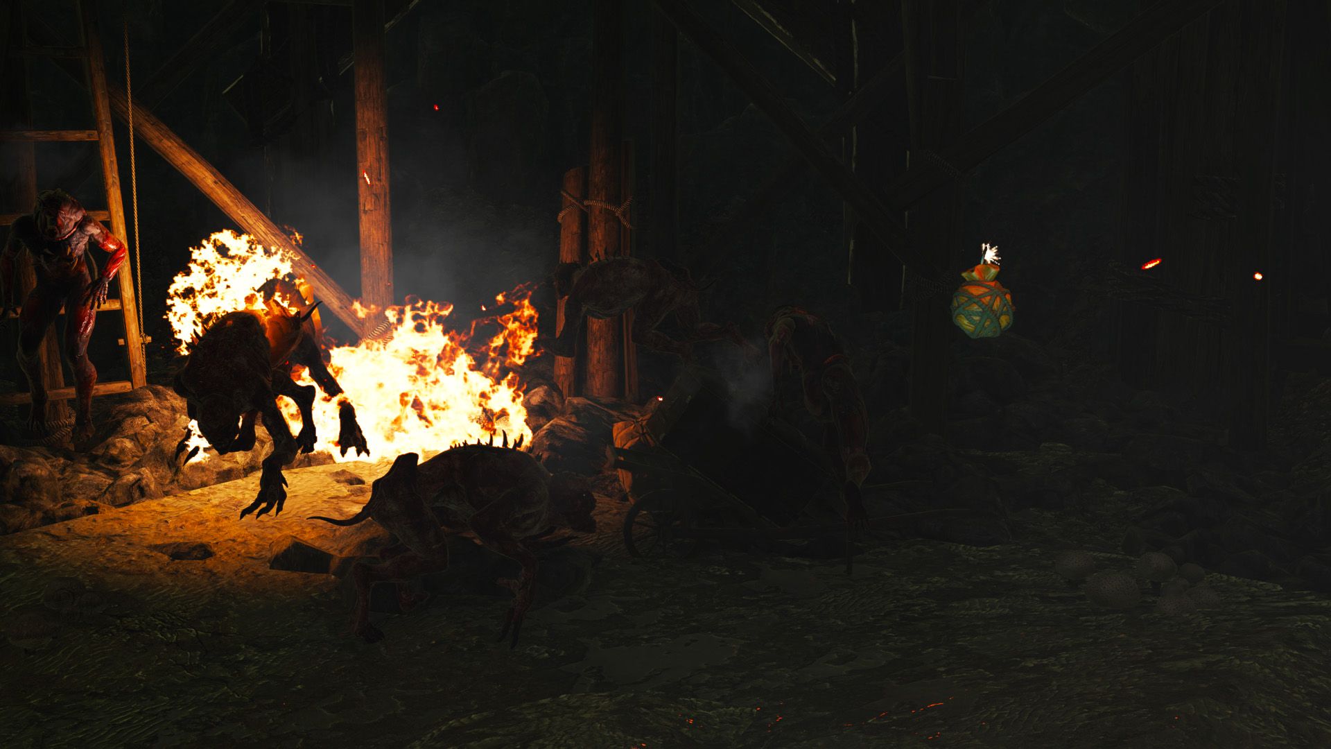 A bomb sails through the air, trailing sparks as it hurtles at a pack of monsters. Some monsters are alight from prior explosives.