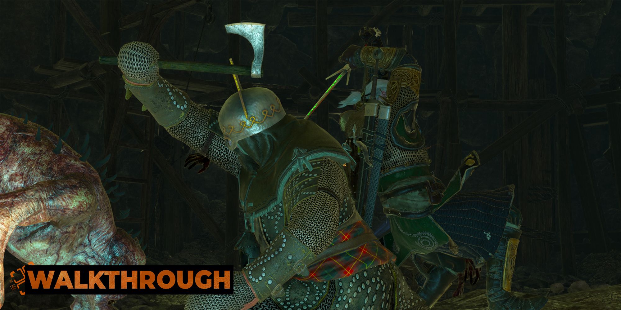 Geralt stands back to back with a Skelliger warrior as they fight necrophages in a dark cave.