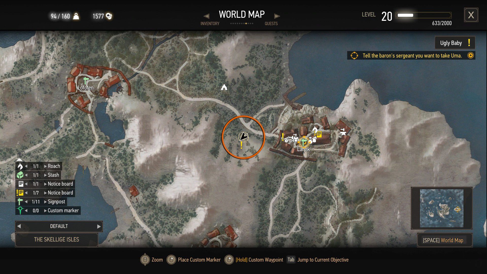 An annotated screenshot of The Witcher 3&rsquo;s map, with an orange circle over a quest location.