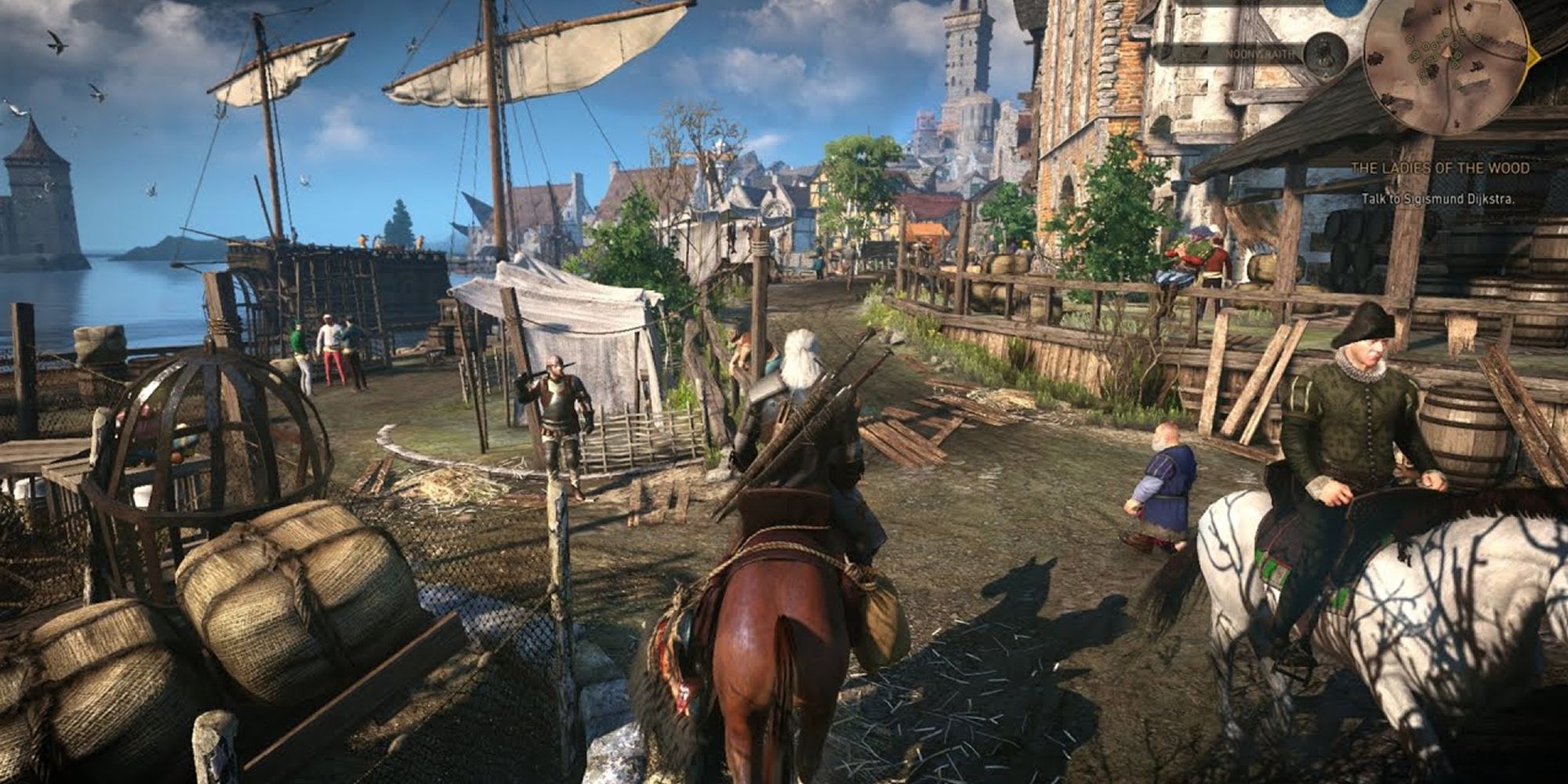 The Witcher 3 Geralt on his horse in the city