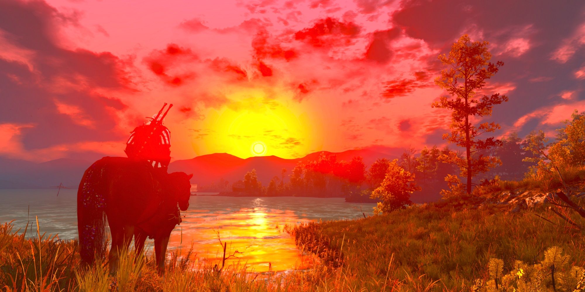 The Witcher 3 Geralt on Roach staring across a lake at sunset