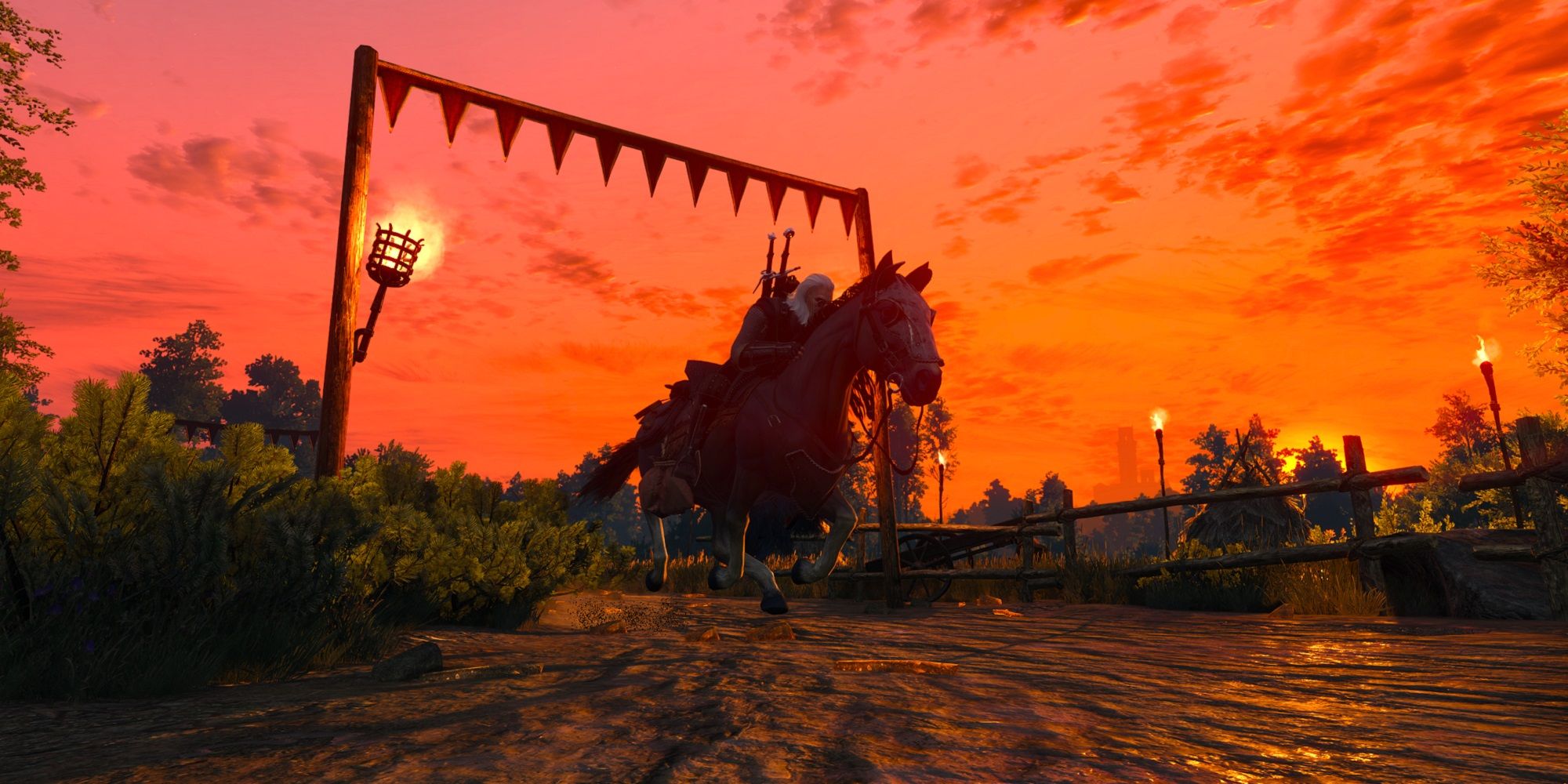 The Witcher 3 Geralt riding roach at sunset
