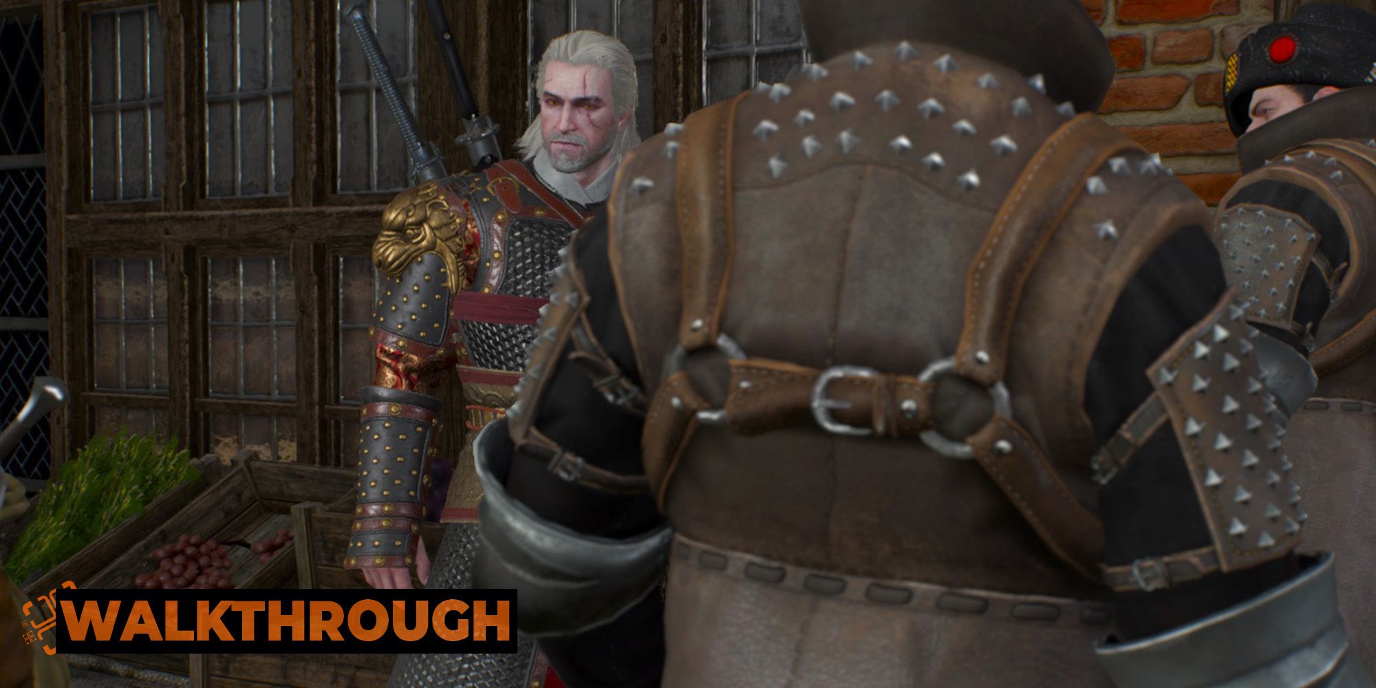 Geralt braces himself for questioning as a pair of Witch Hunters corner him outside a grocery store in Novigrad.