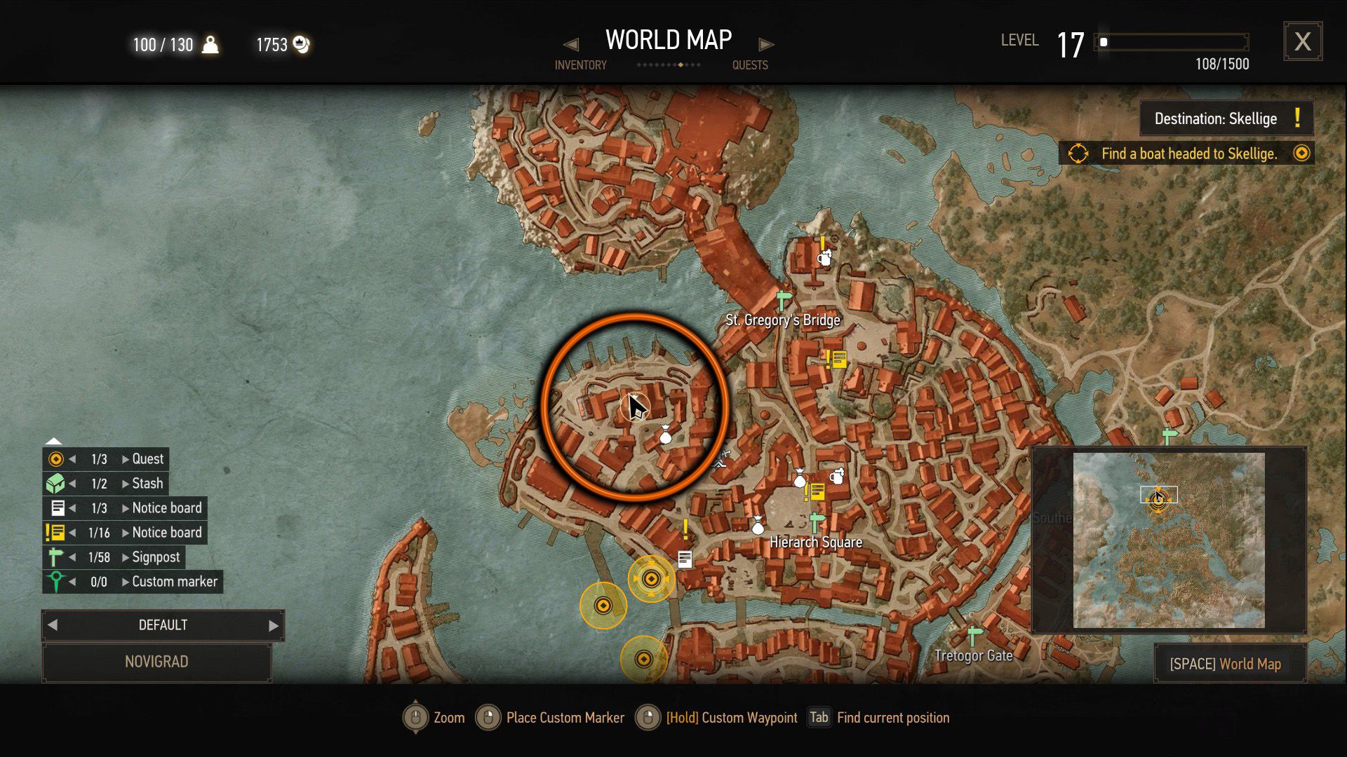 an annotated screenshot of The Witcher 3's map of Novigrad, showing where the quest can start.