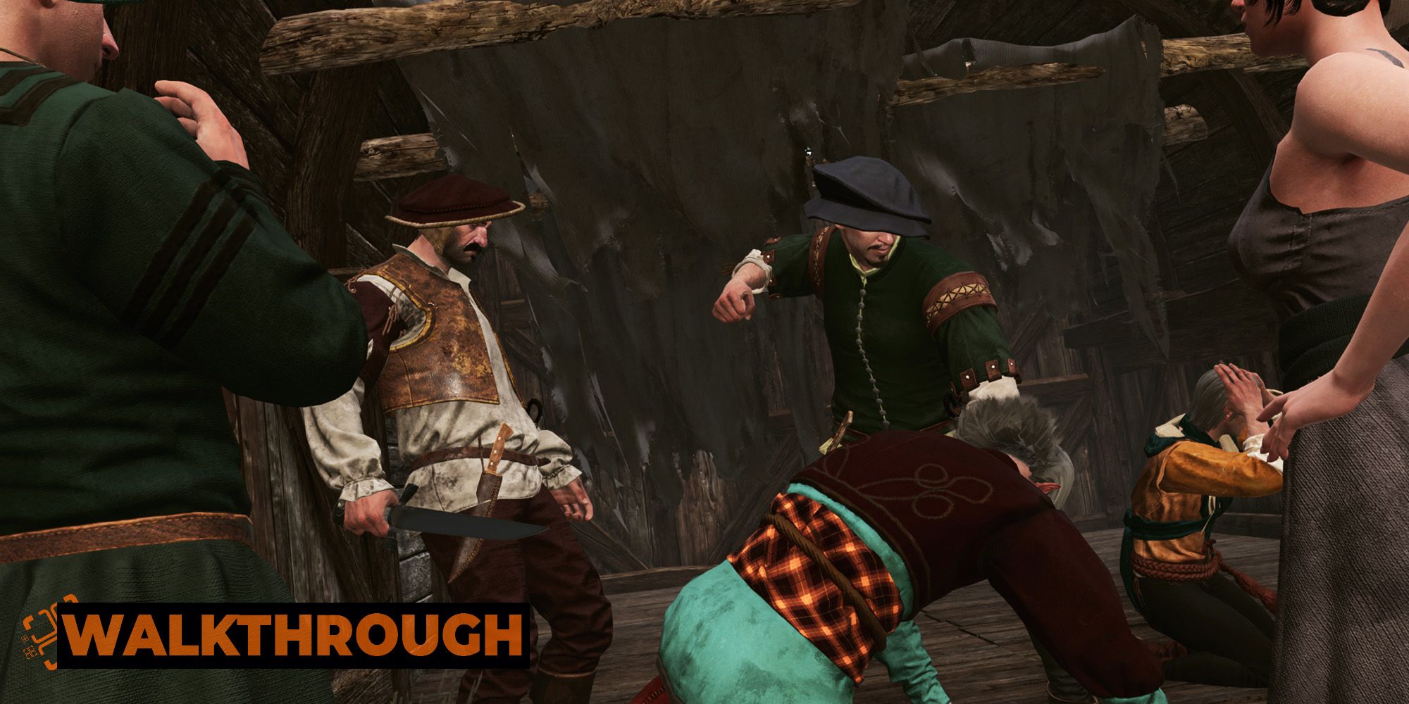 A gang of men pummel a crouching elf outside a wooden shack in The Witcher 3.