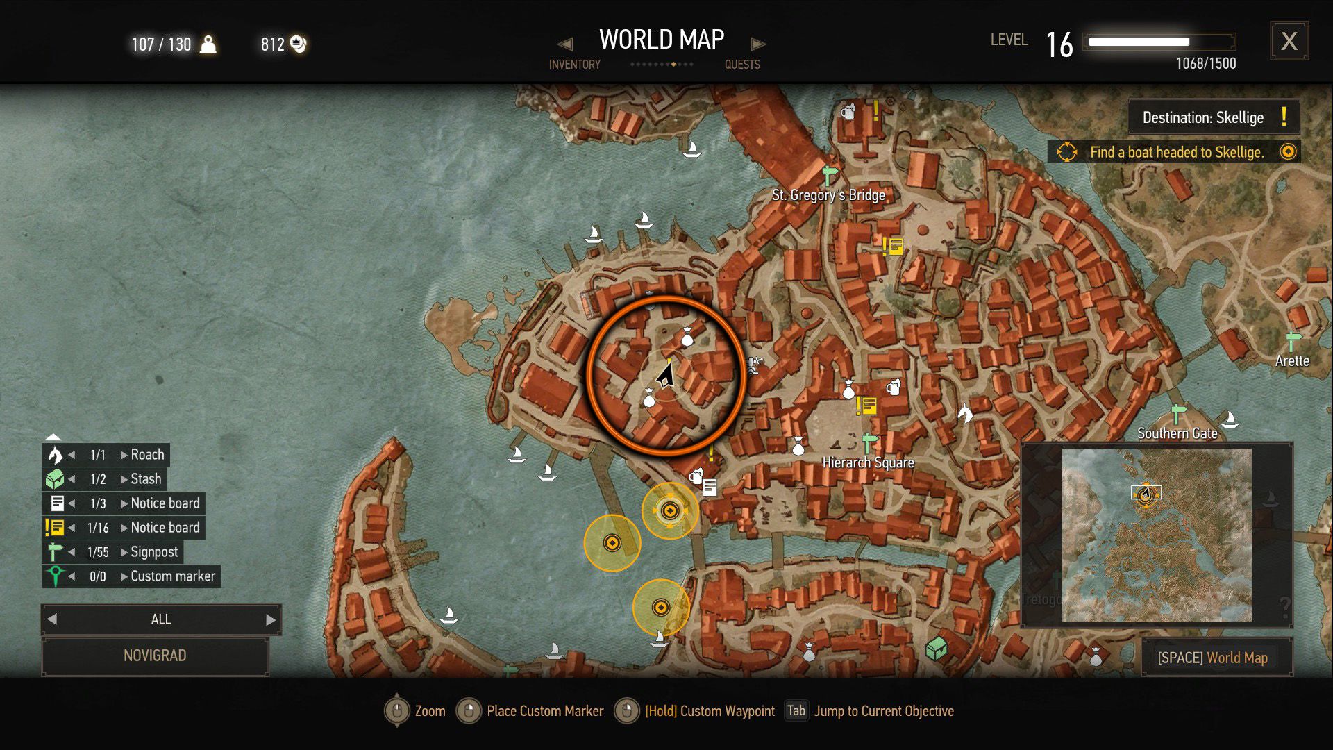 A screenshot of Novigrad's map in The Witcher 3, with a circle showing where to find some bandits needed for the quest Novigrad, Closed City.