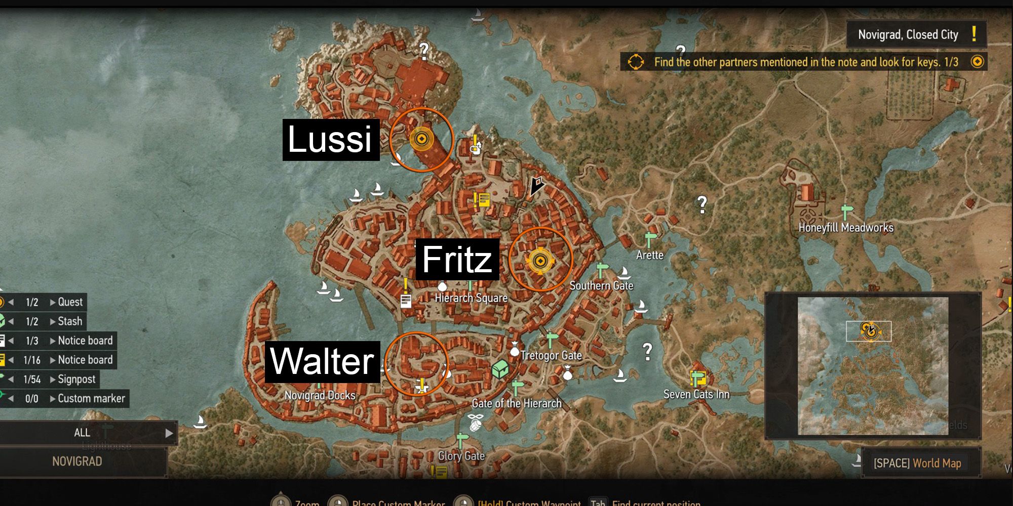 An annotated screenshot of a map of Novigrad in The Witcher 3 showing three locations where you can get quest items.