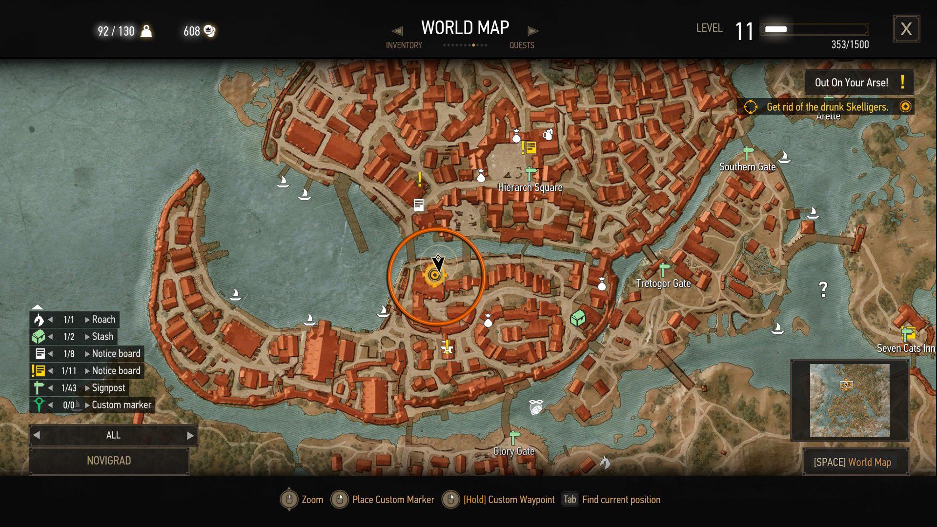 An annotated screenshot of a map in The Witcher 3, showing where the quest can begin.