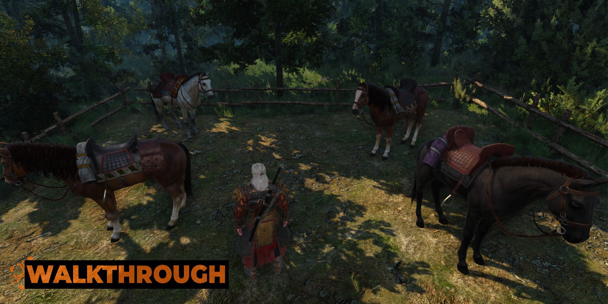 Geralt stands in a pen in the woods, with four horses surrounding him.