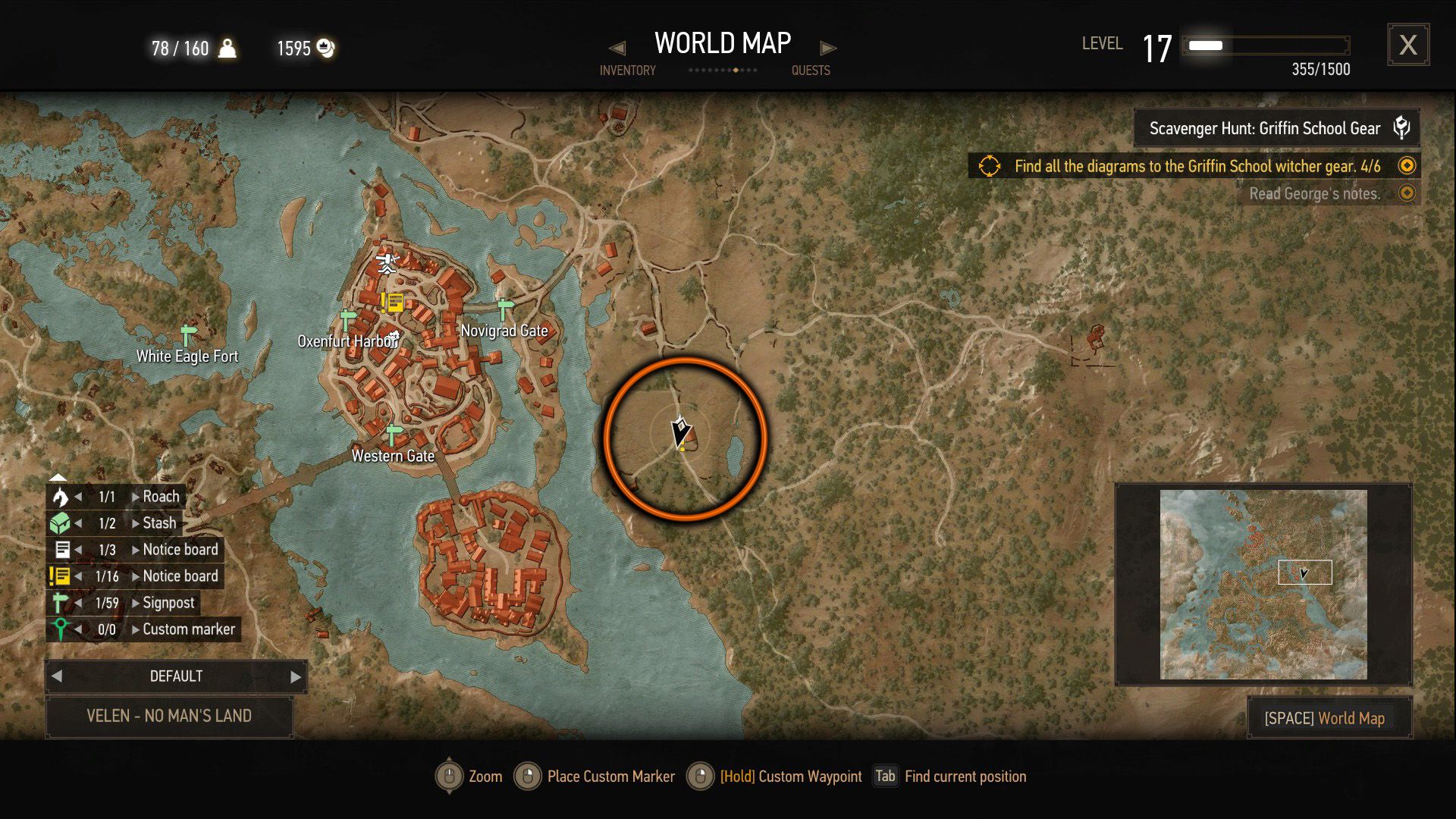 An annotated screenshot of The Witcher 3&rsquo;s map, showing where a quest can start.