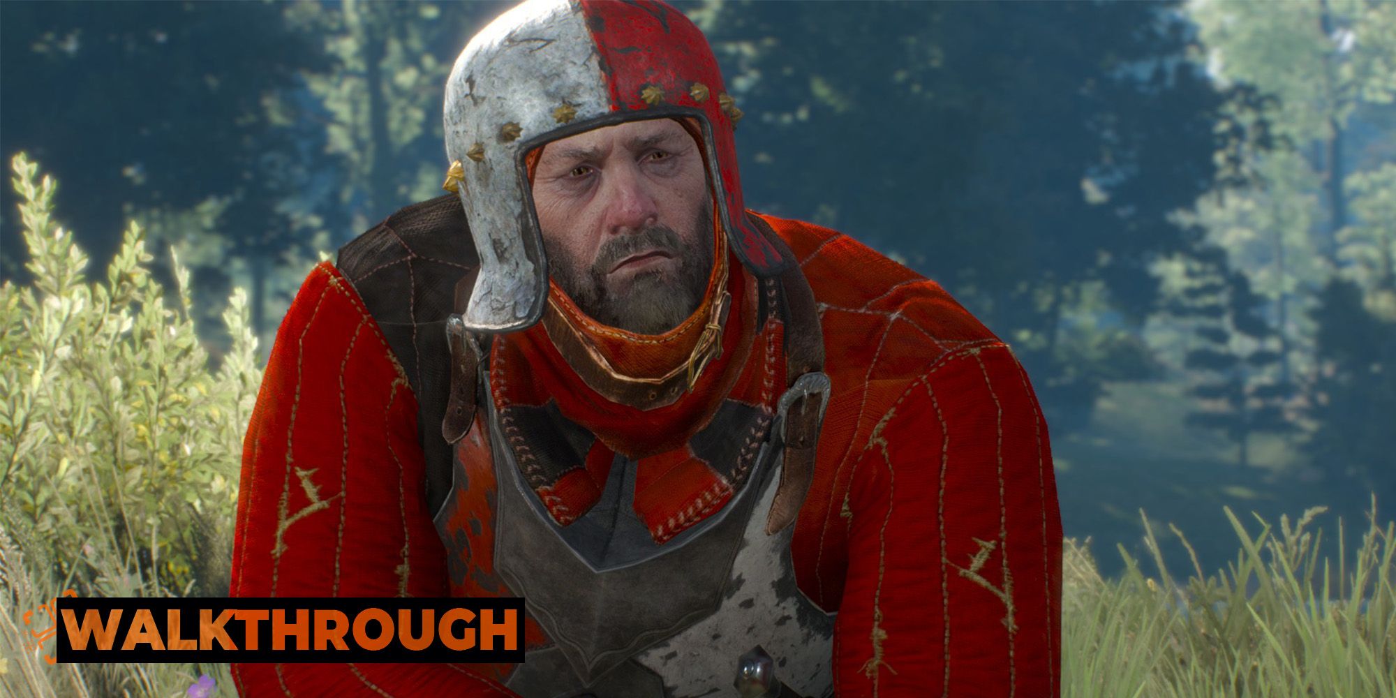 A Redanian Soldier wearing red armor scowls at the viewer in The Witcher 3.