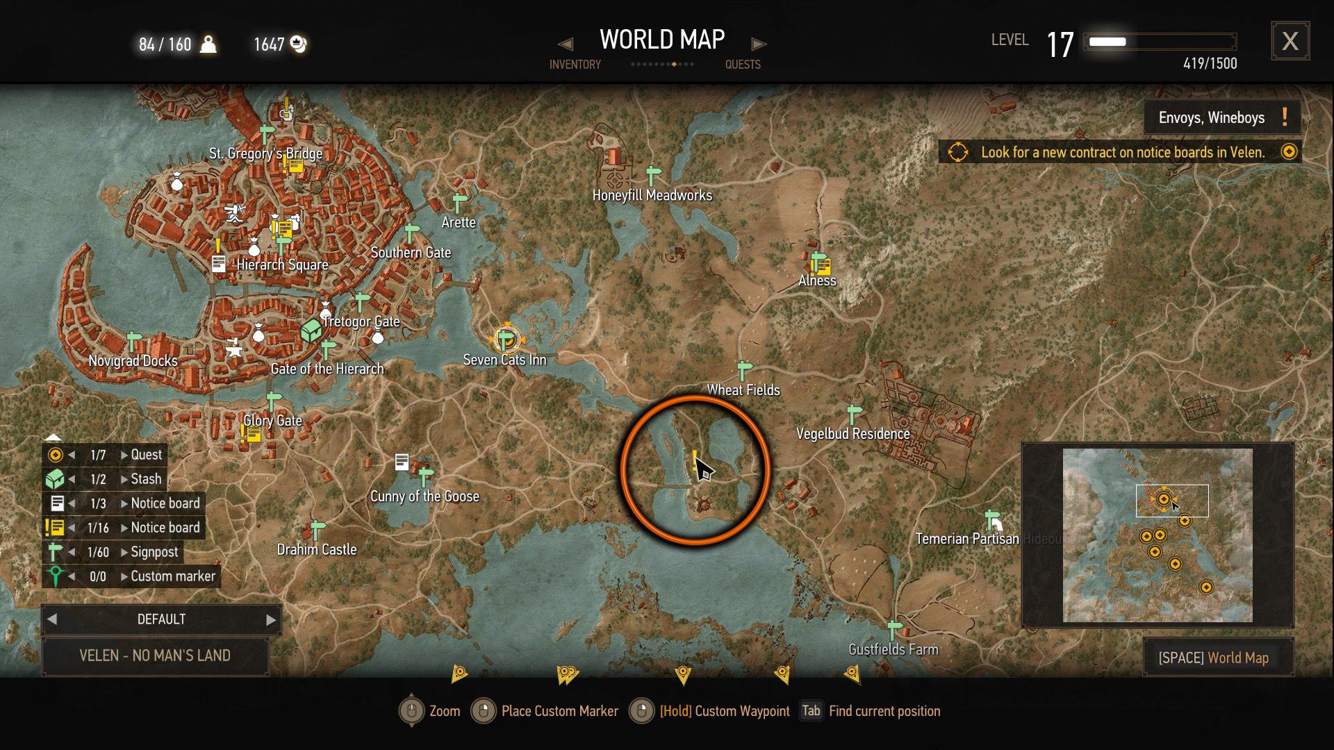 An annotated screenshot in The Witcher 3, showing where the quest Strangers In The Night can begin.