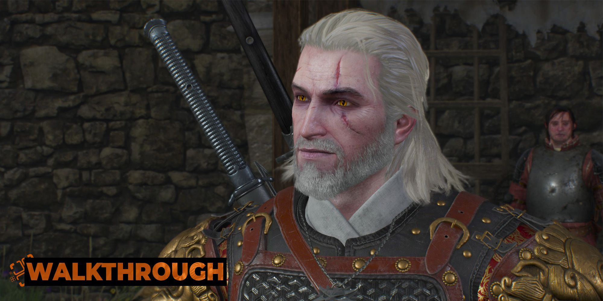 Geralt gives a smirk as he talks to a merchant in Novigrad.