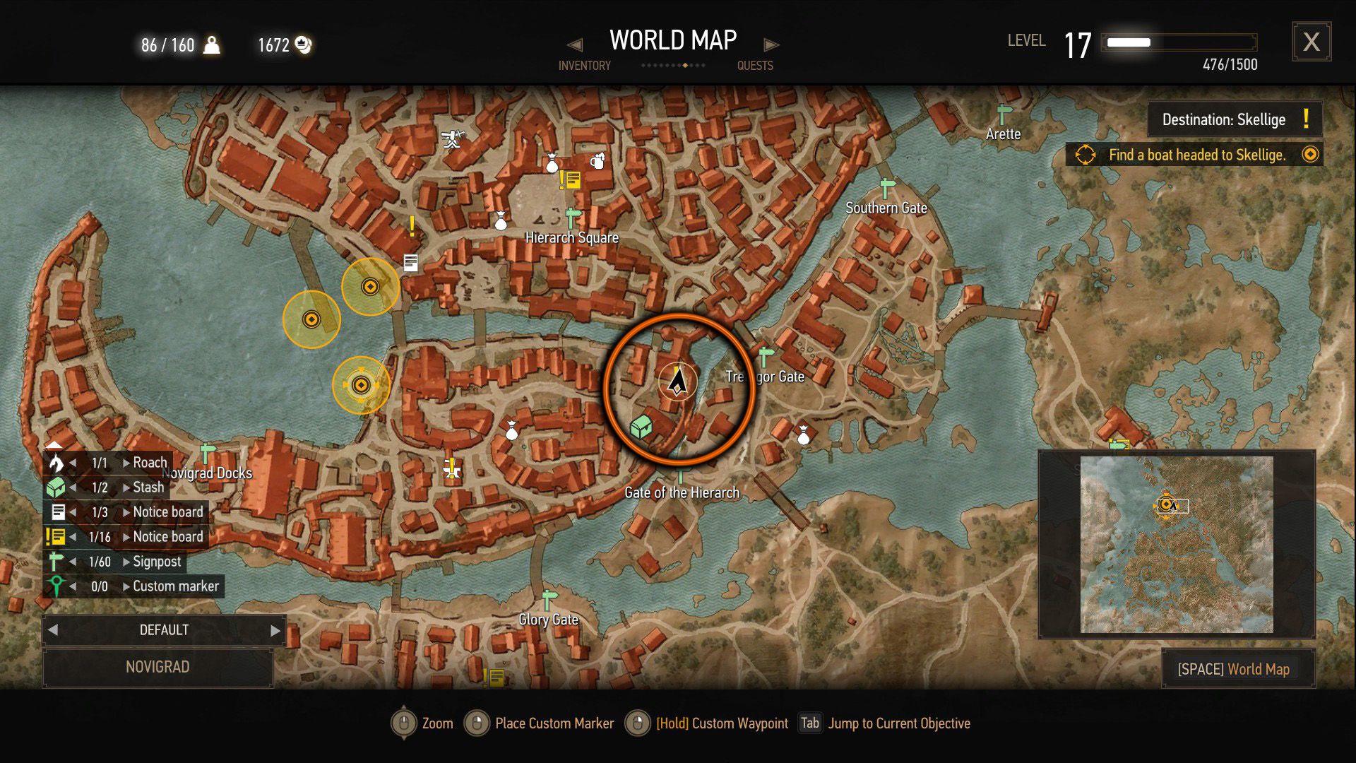 An annotated screenshot of The Witcher 3's map, showing where a quest starts.