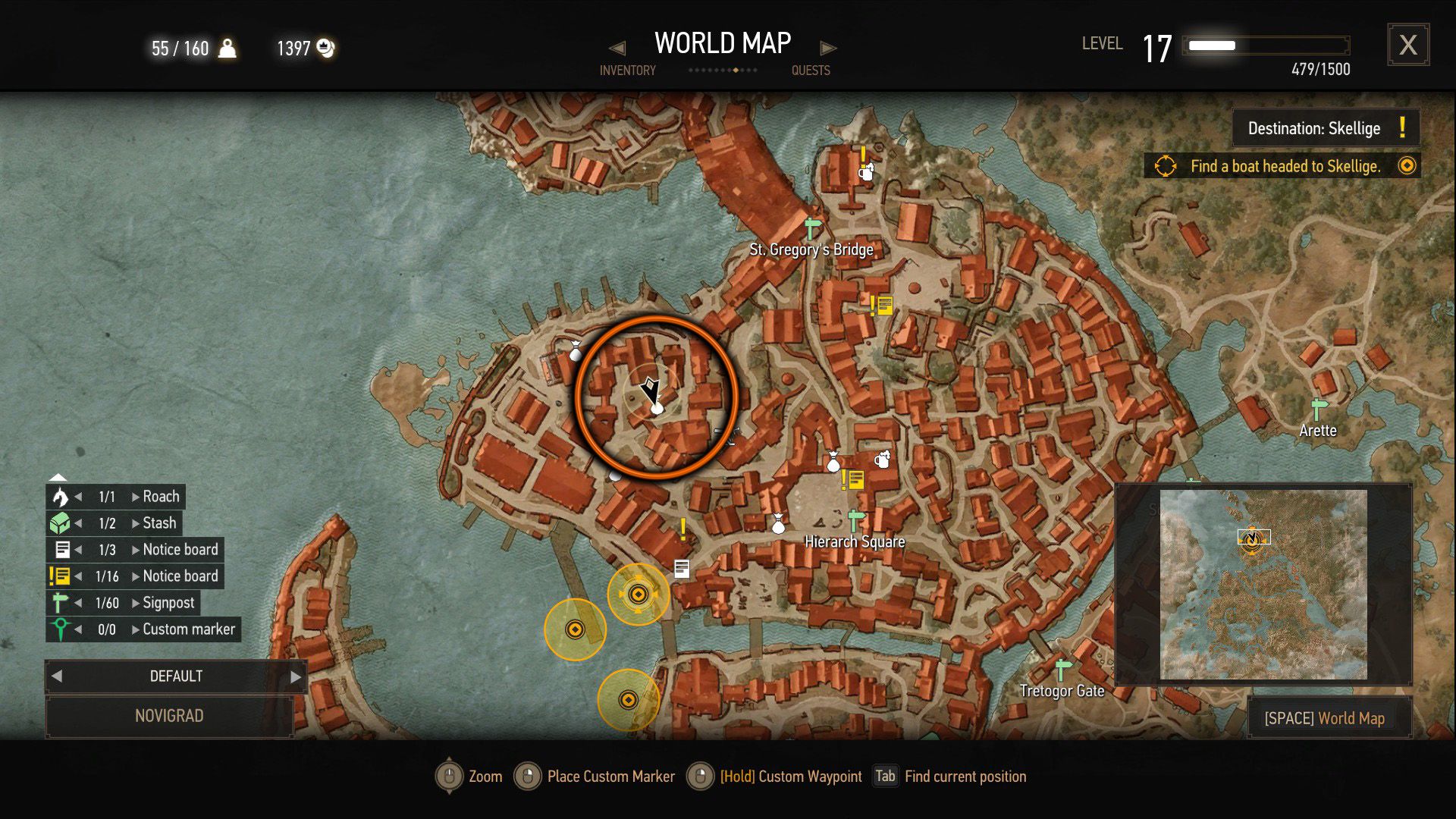A screenshot of The Witcher 3's map, showing where to find a merchant's shop