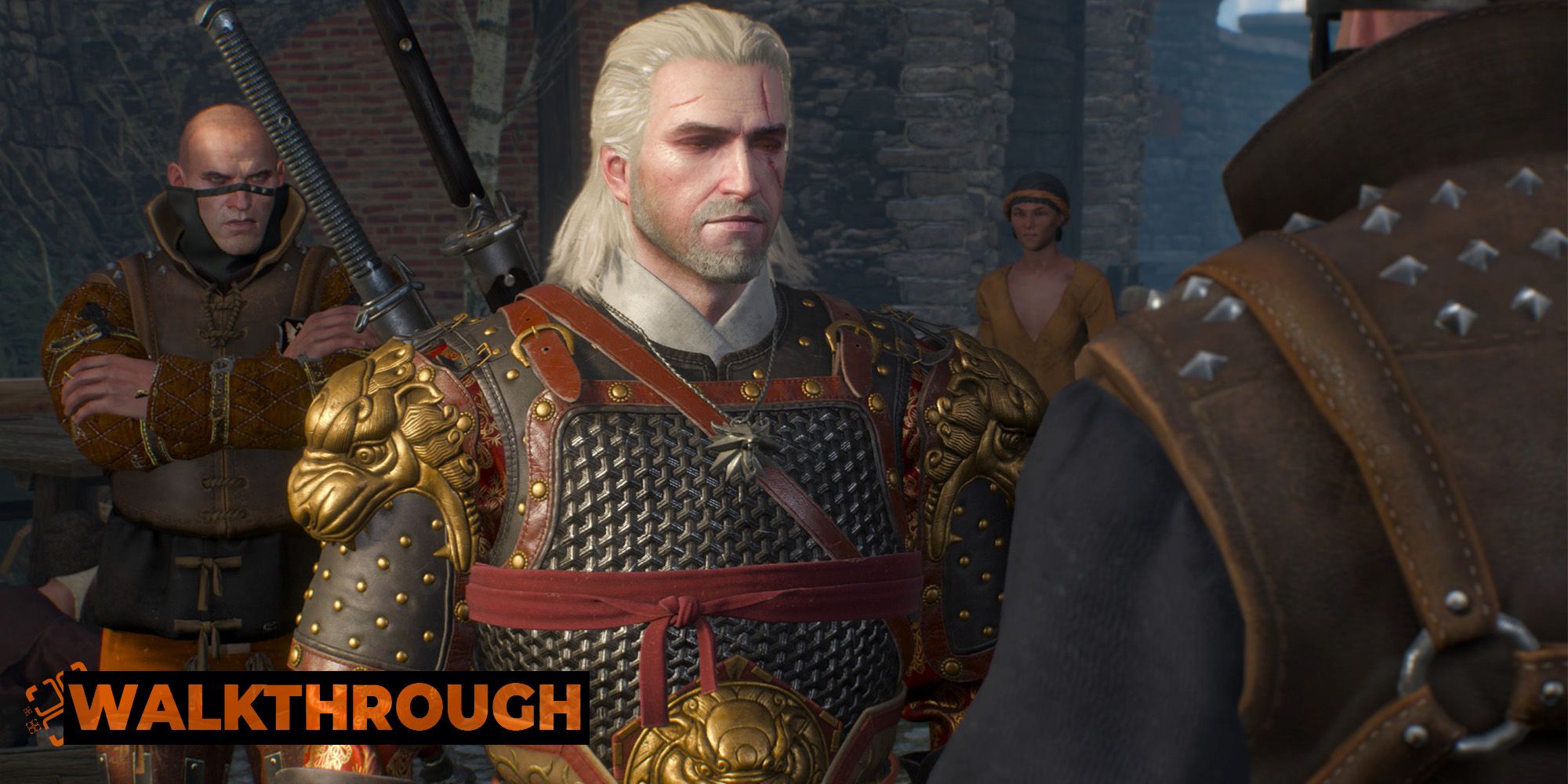 Geralt is surrounded by a pair of armored men in Novigrad.