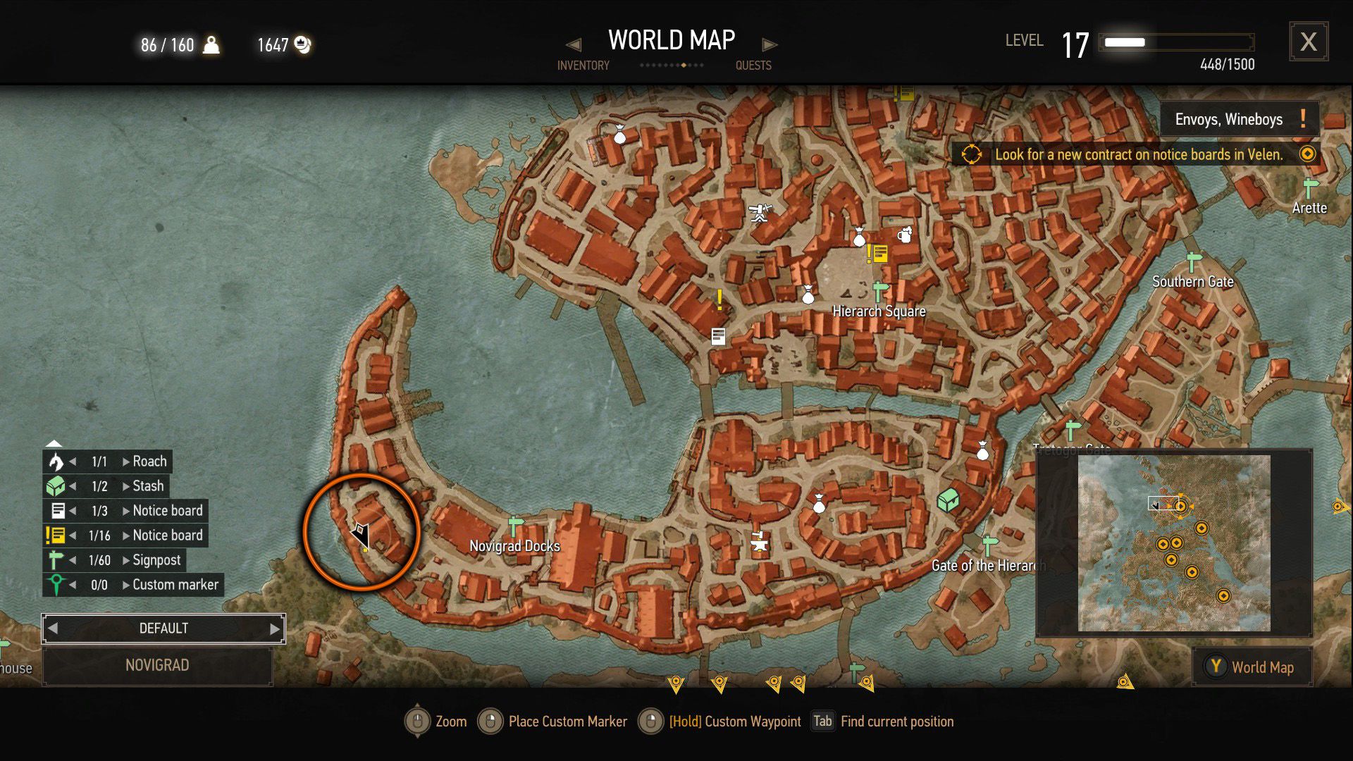 A screenshot of The Witcher 3's map of Novigrad with an orange circle over the quest location.