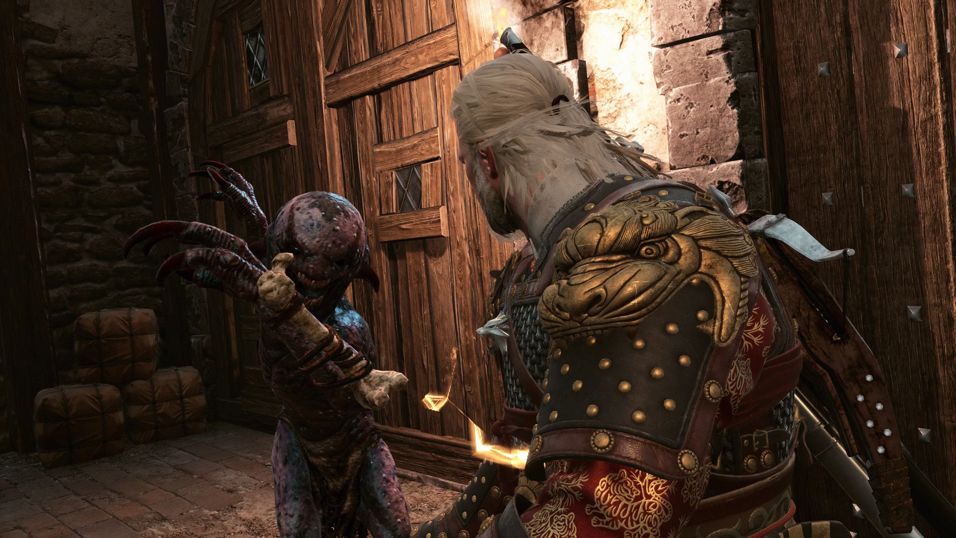 A Nekker lunges at Geralt in The Witcher 3, raising its claws to slash him inside a warehouse.